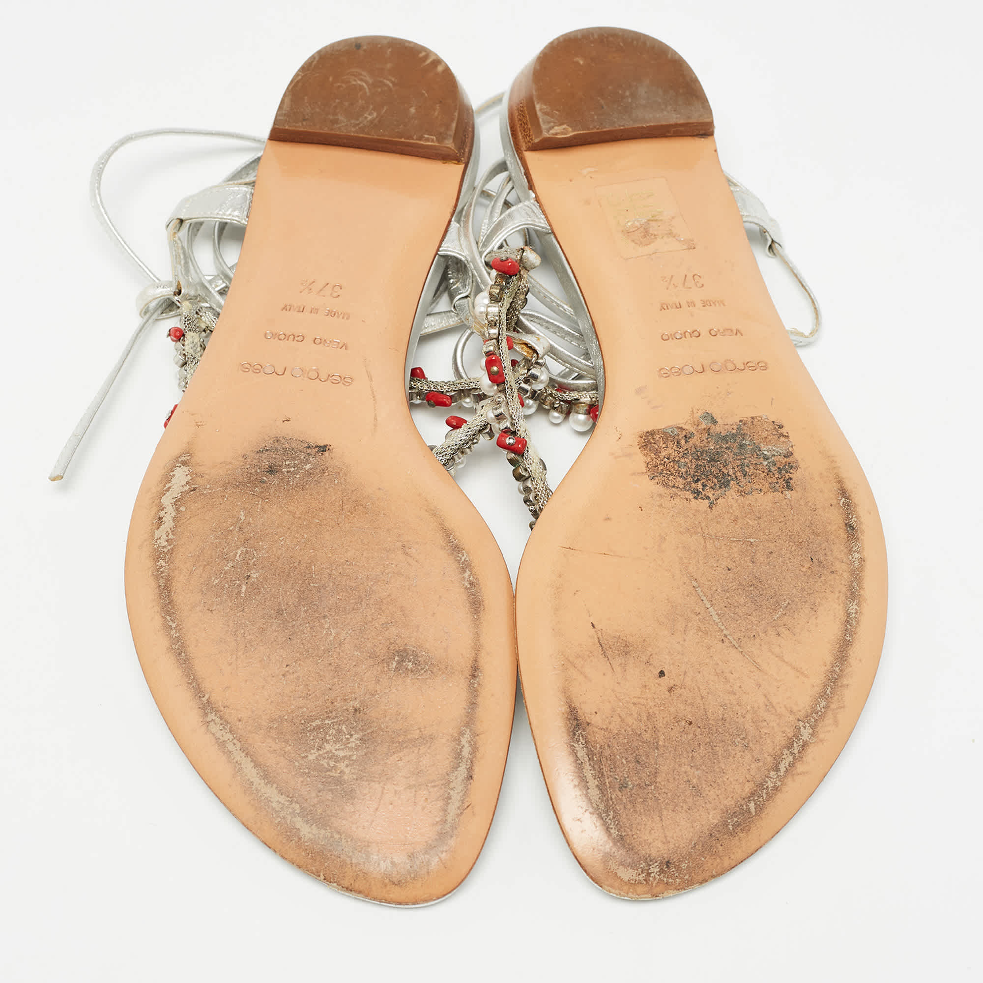 Sergio Rossi Silver Leather Crystal Embellished Ankle Wrap Flat Slides