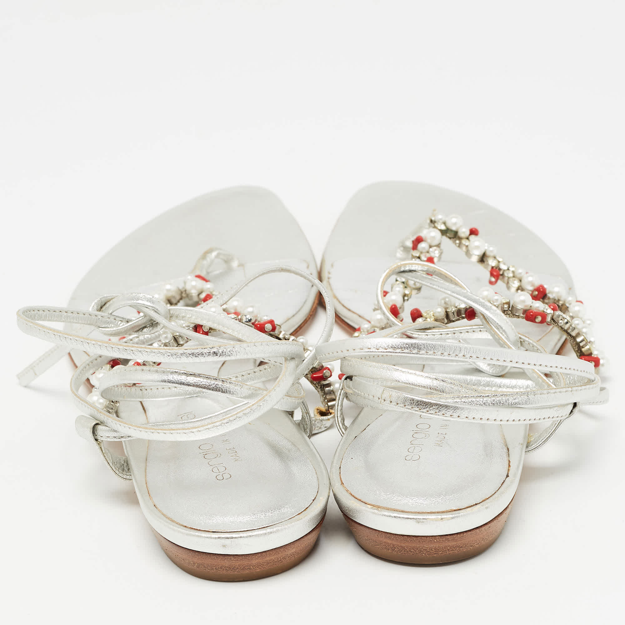 Sergio Rossi Silver Leather Crystal Embellished Ankle Wrap Flat Slides