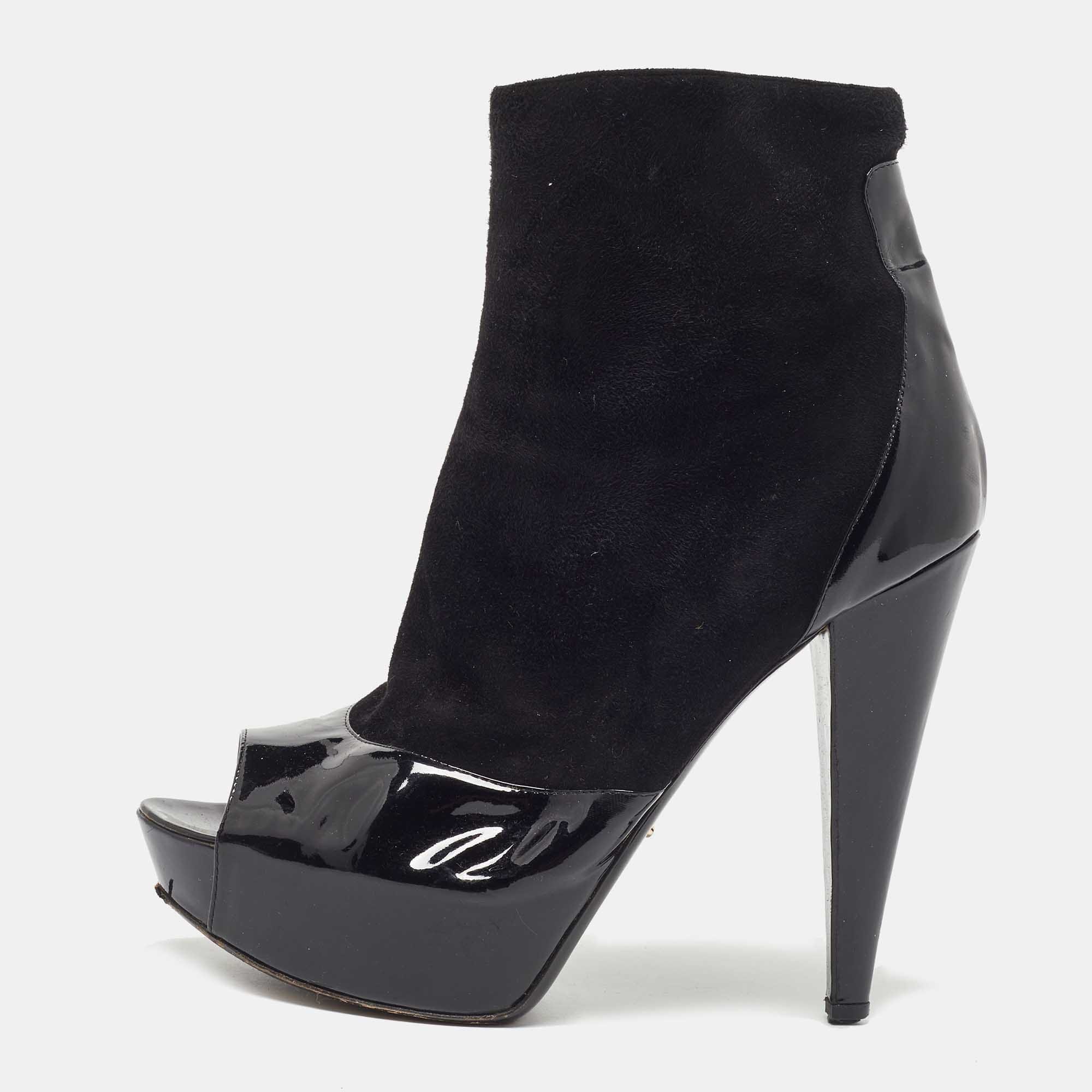 Sergio Rossi Black Patent And Suede Leather Baltimora Peep Toe Platform Ankle Boots