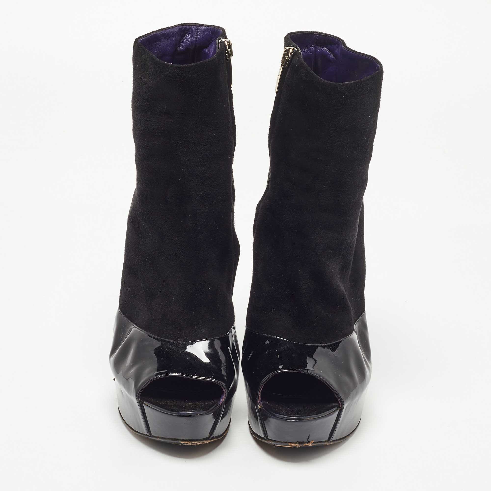 Sergio Rossi Black Patent And Suede Leather Baltimora Peep Toe Platform Ankle Boots