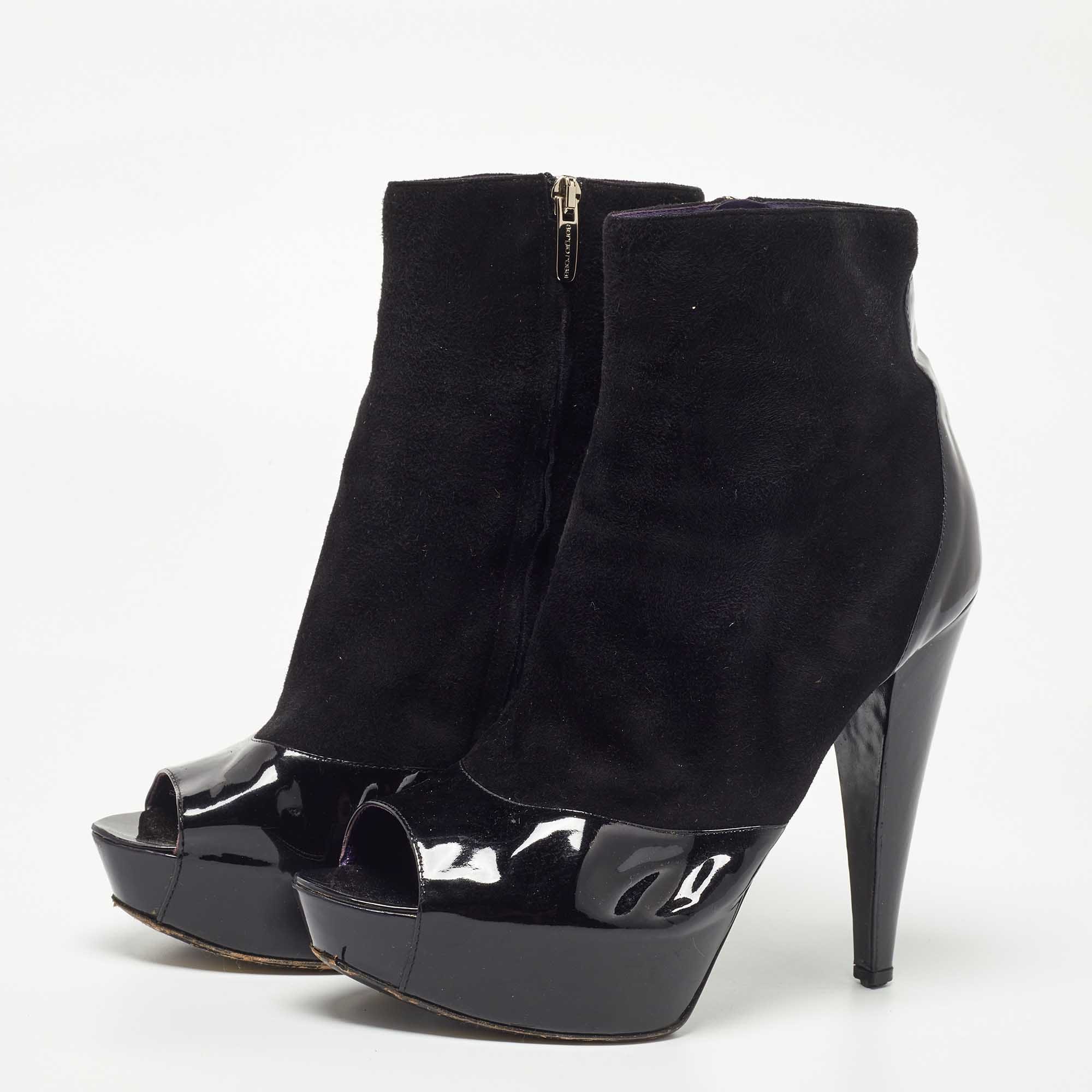 Sergio Rossi Black Patent And Suede Leather Baltimora Peep Toe Platform Ankle Boots