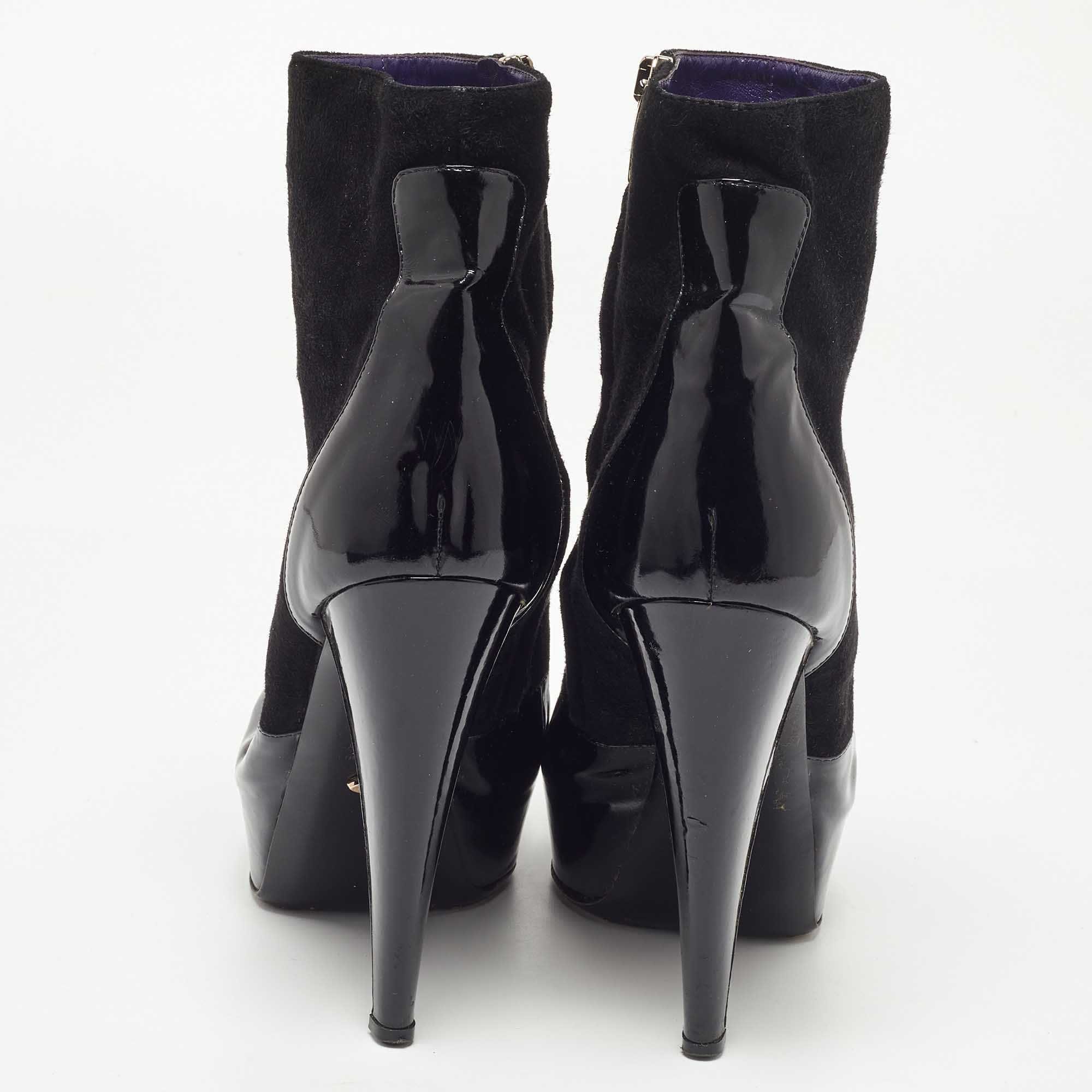 Sergio Rossi Black Patent And Suede Leather Baltimora Peep Toe Platform Ankle Boots