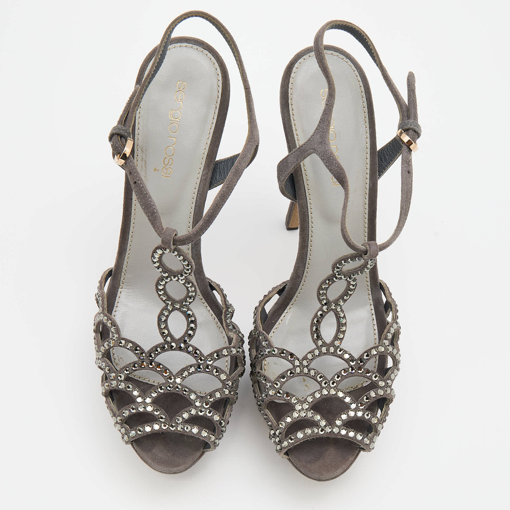 Sergio Rossi Grey Suede Embellished Strappy Scalloped Platform Sandals