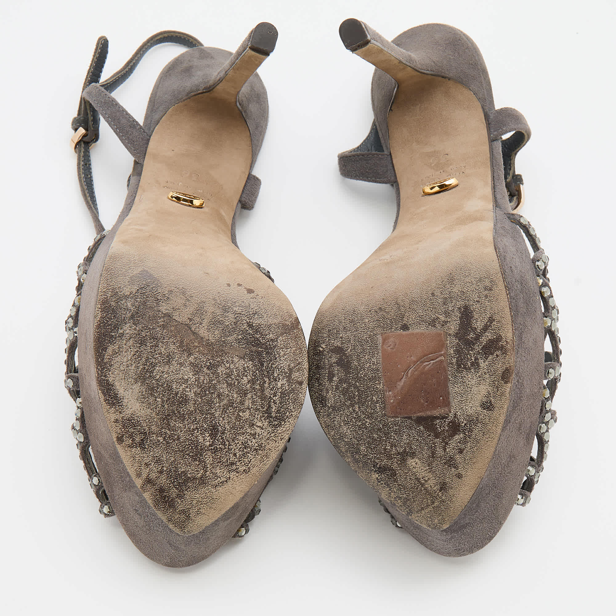 Sergio Rossi Grey Suede Embellished Strappy Scalloped Platform Sandals
