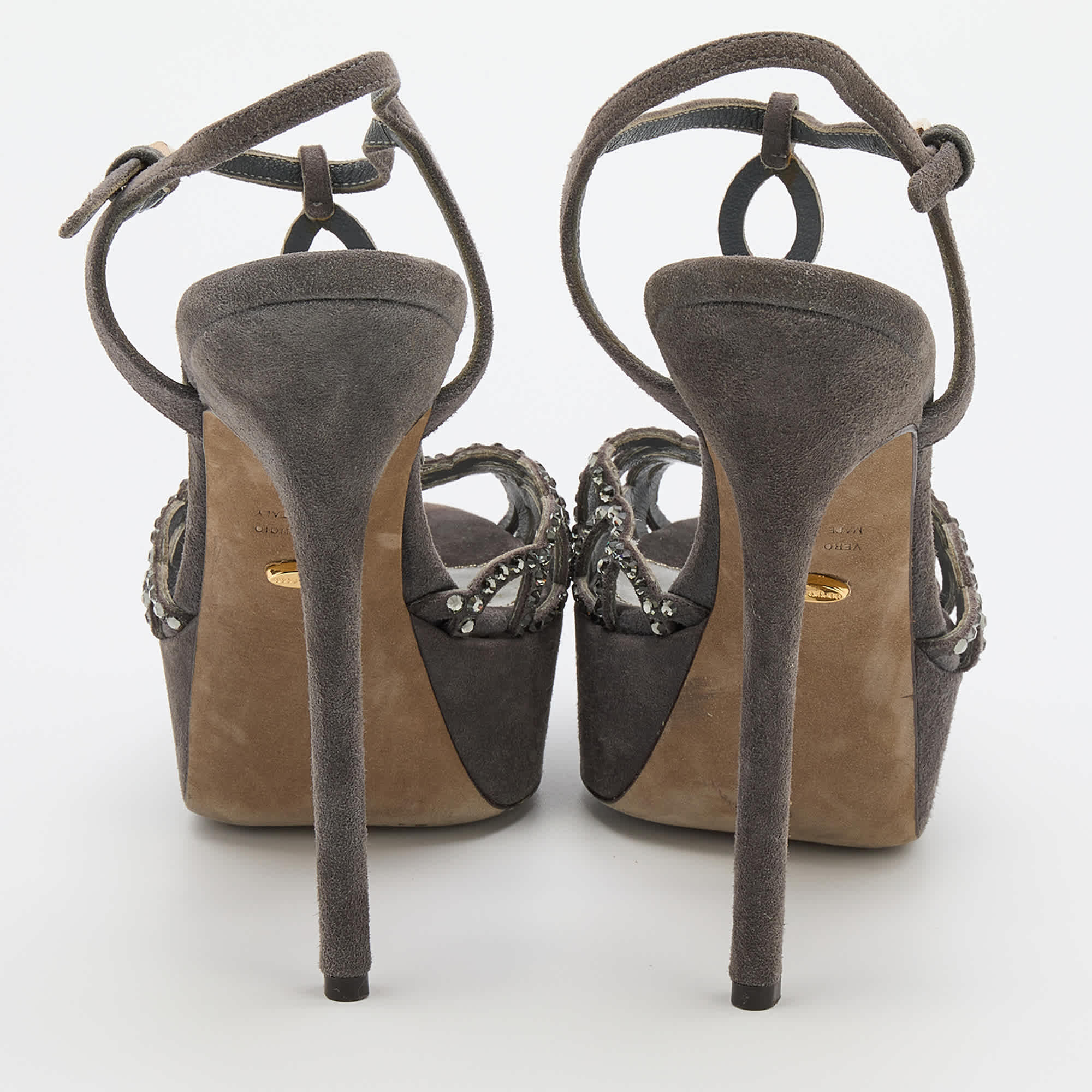 Sergio Rossi Grey Suede Embellished Strappy Scalloped Platform Sandals
