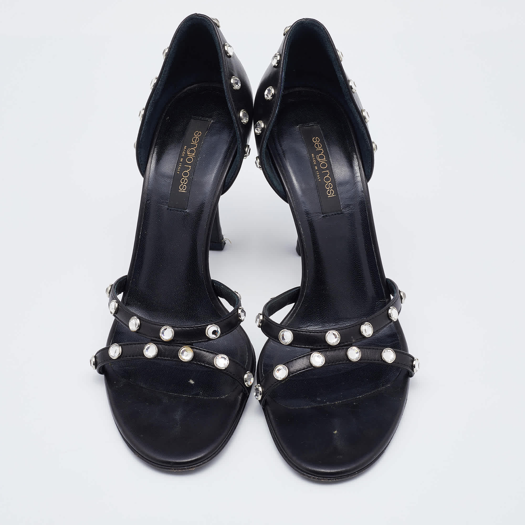 Sergio Rossi Black Leather Crystal Embellished Strappy Sandals