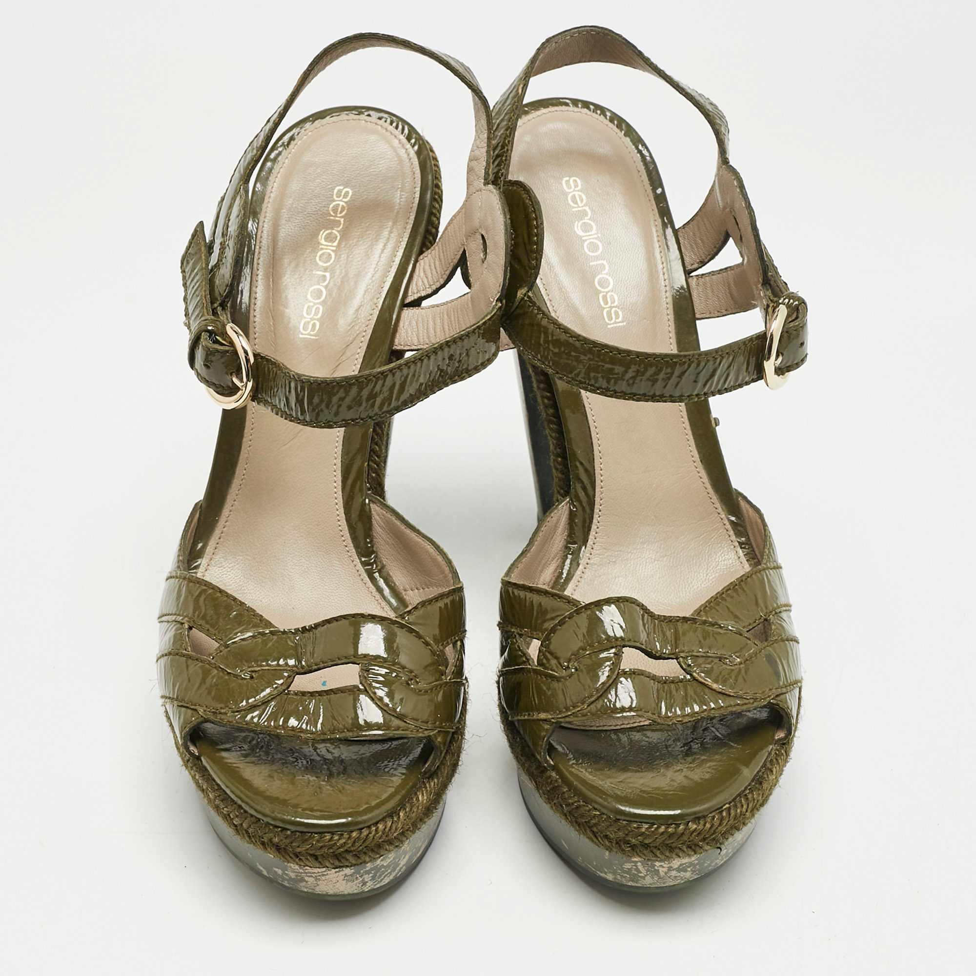 Sergio Rossi Olive Green Patent Leather Platform Ankle Strap Sandals