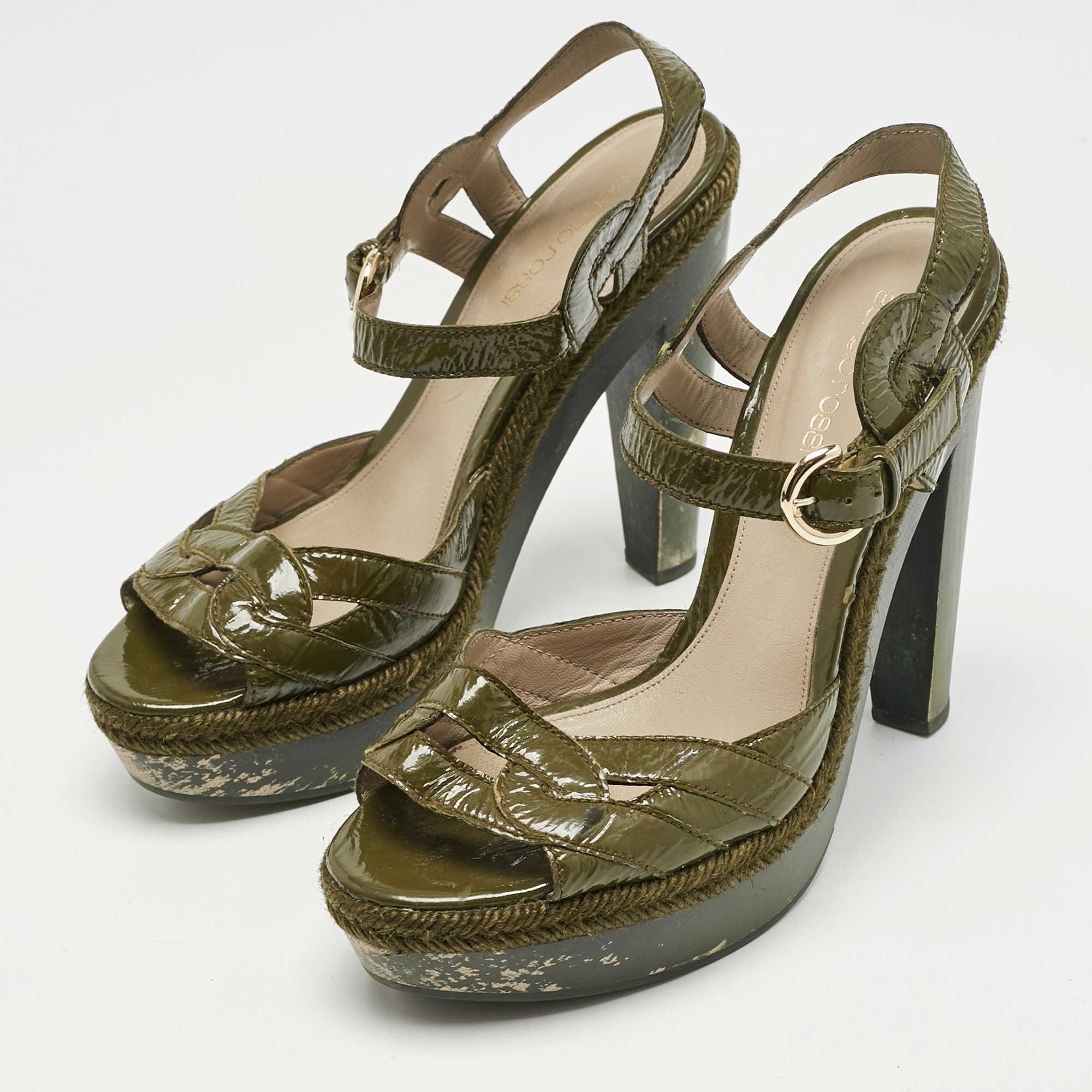 Sergio Rossi Olive Green Patent Leather Platform Ankle Strap Sandals