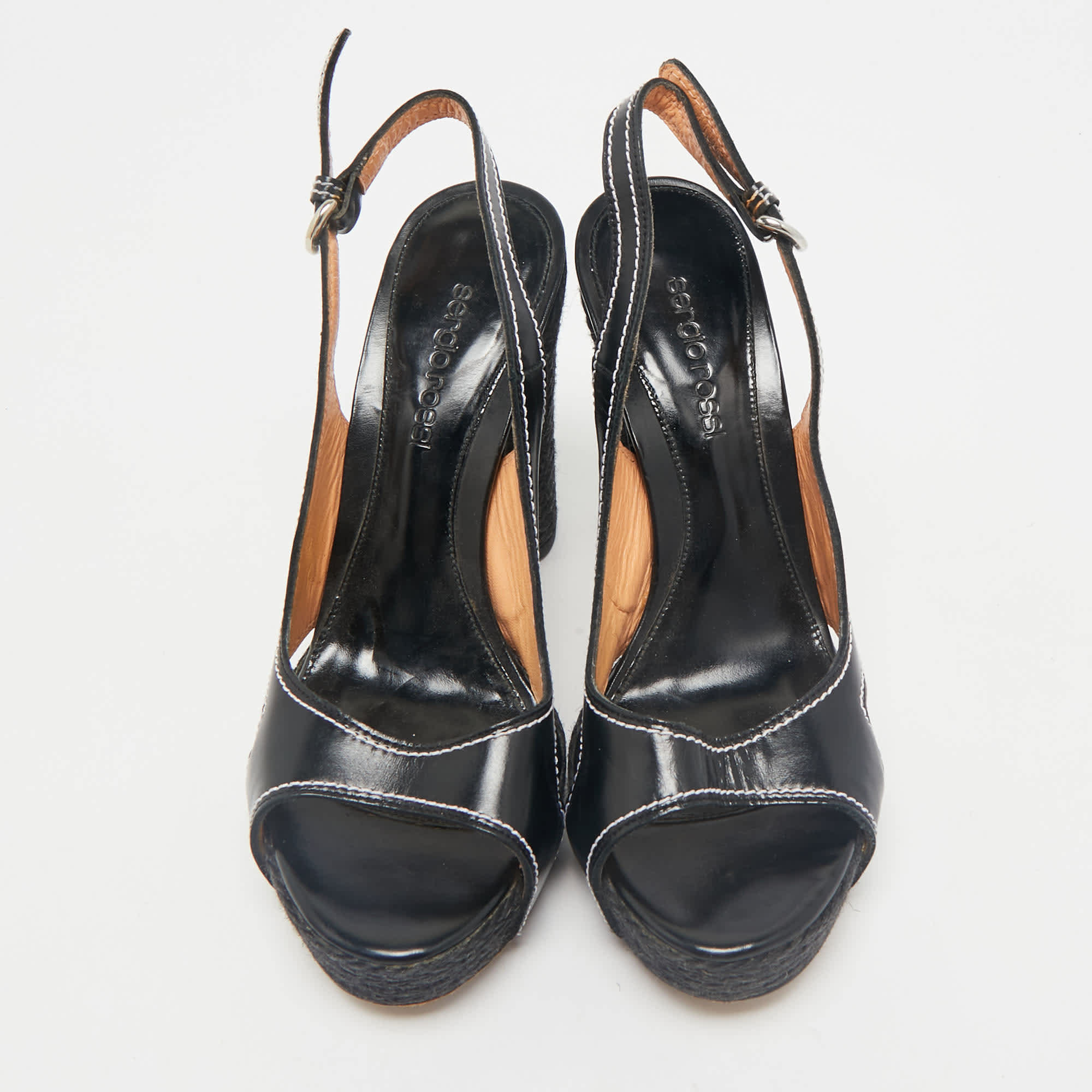 Sergio Rossi Black Leather Open Toe Slingback Espadrille Sandals