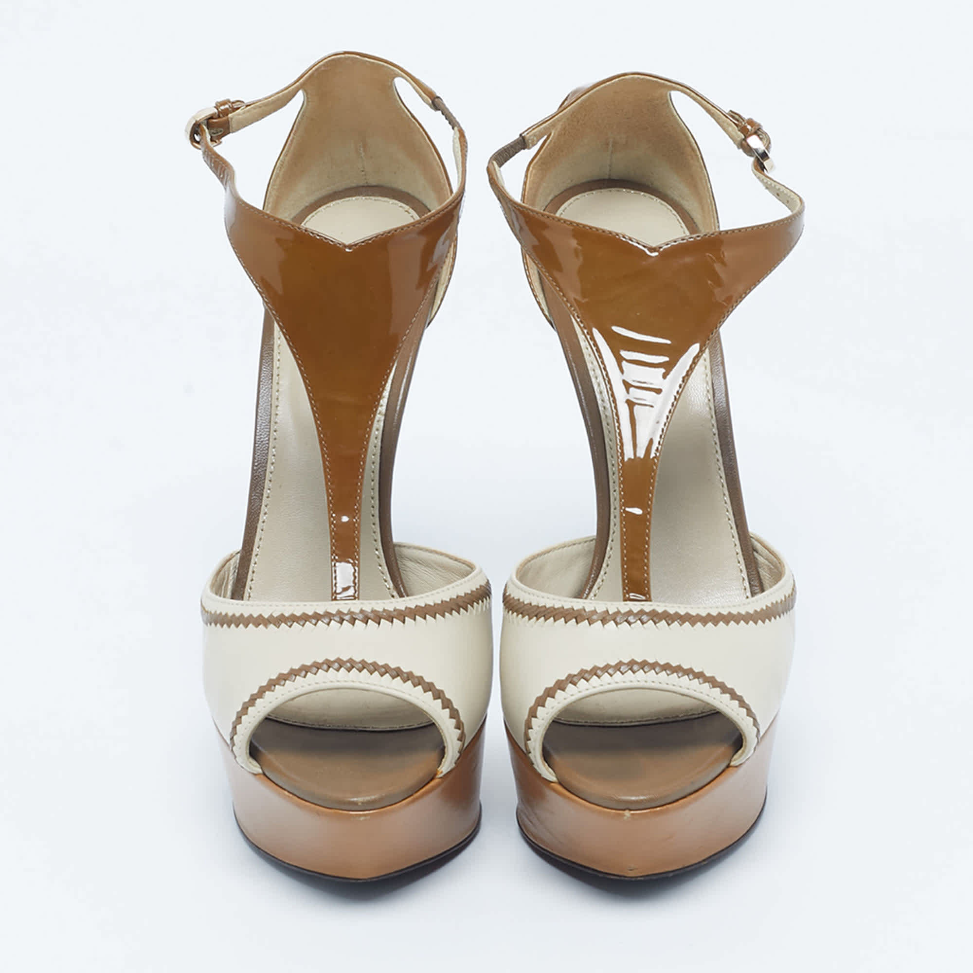 Sergio Rossi Brown/beige Patent And Leather T Strap Platform Sandals