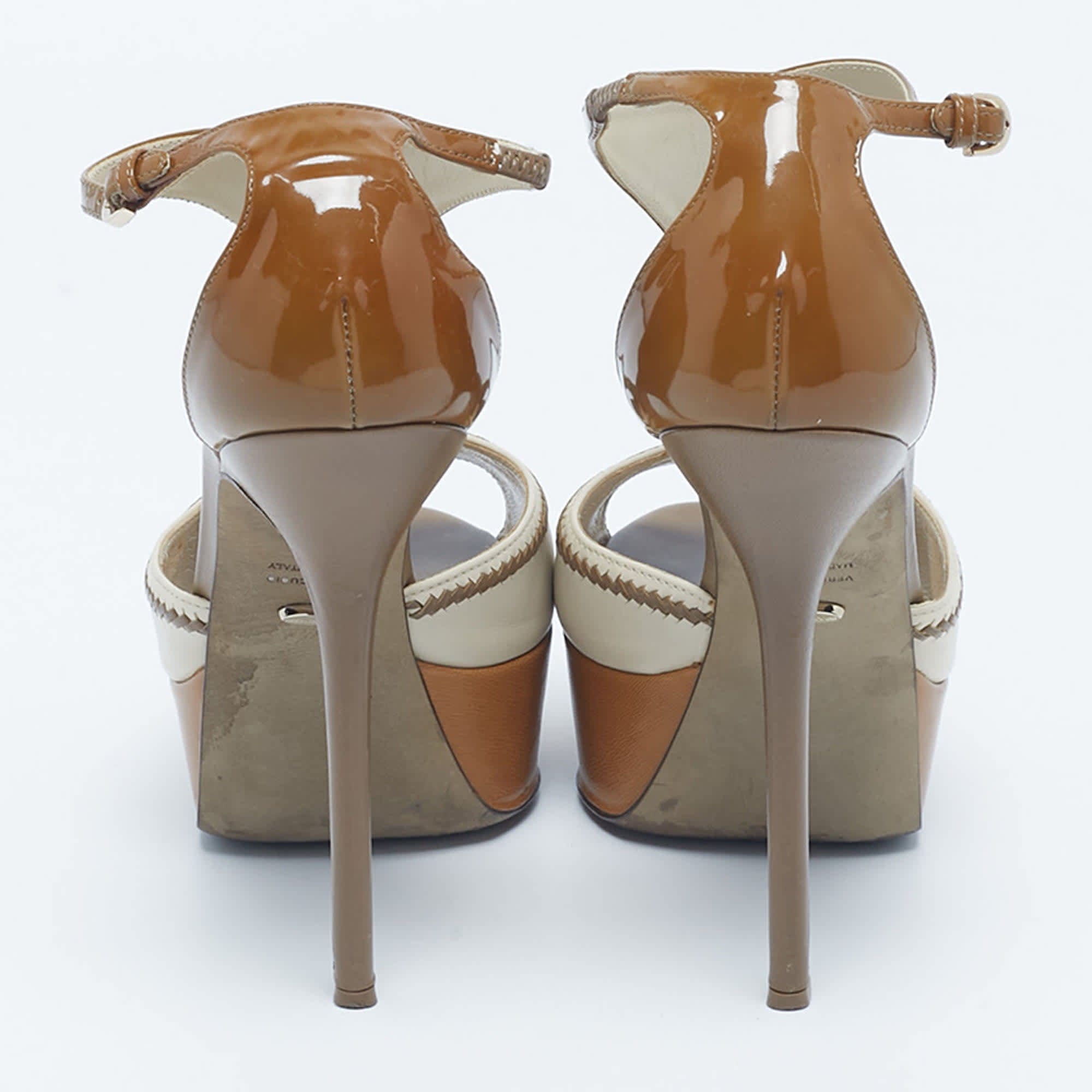 Sergio Rossi Brown/beige Patent And Leather T Strap Platform Sandals