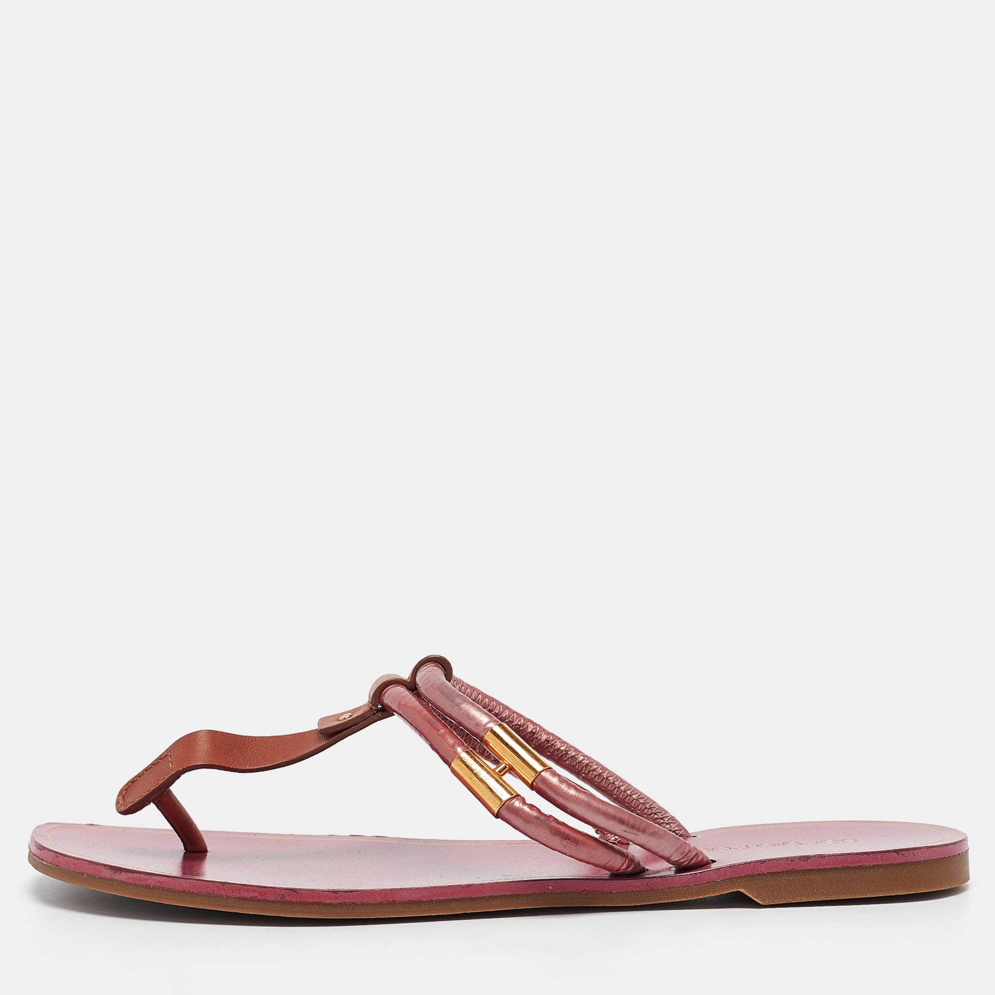 Sergio Rossi Purple/brown Leather And Pvc T Strap Flat Slides