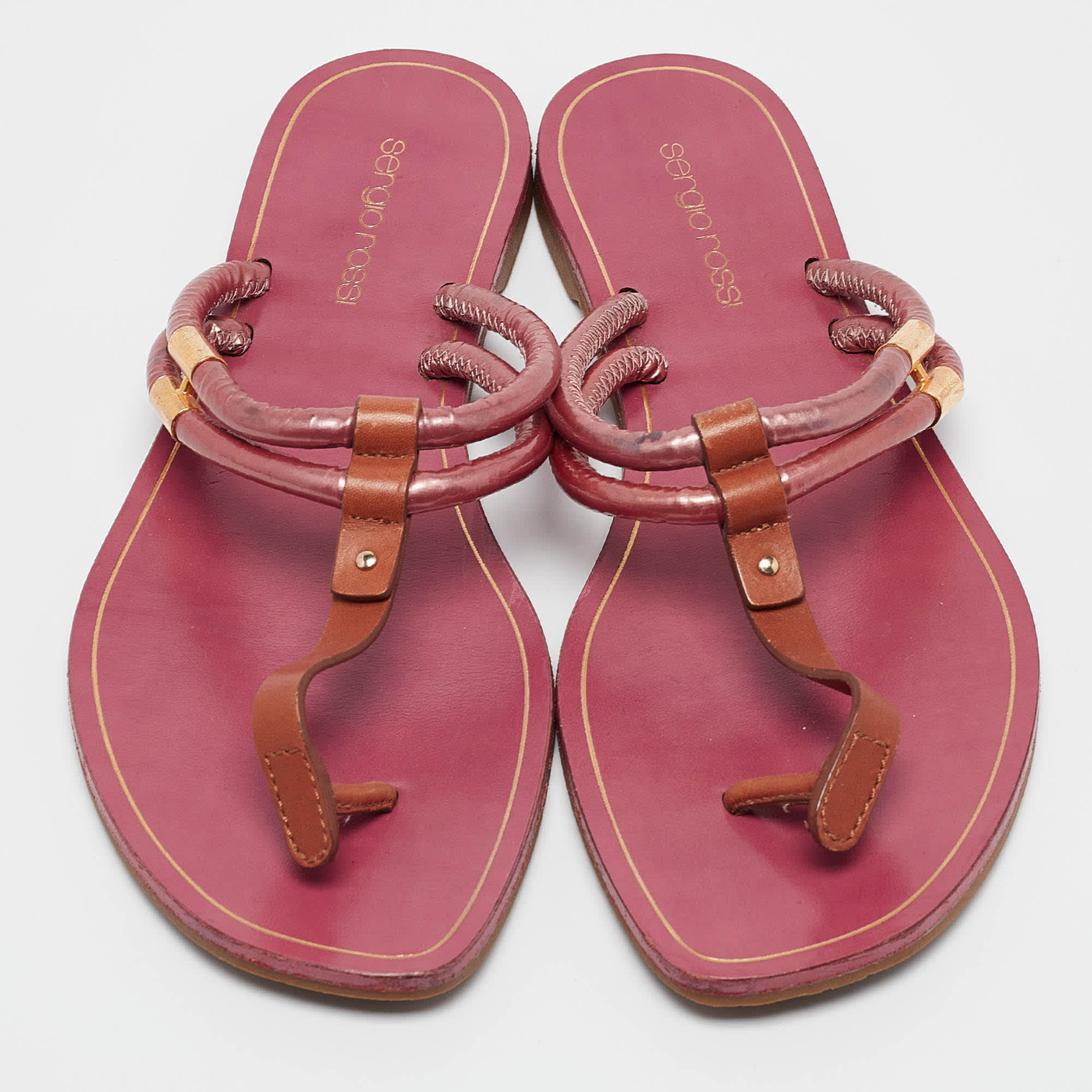 Sergio Rossi Purple/brown Leather And Pvc T Strap Flat Slides