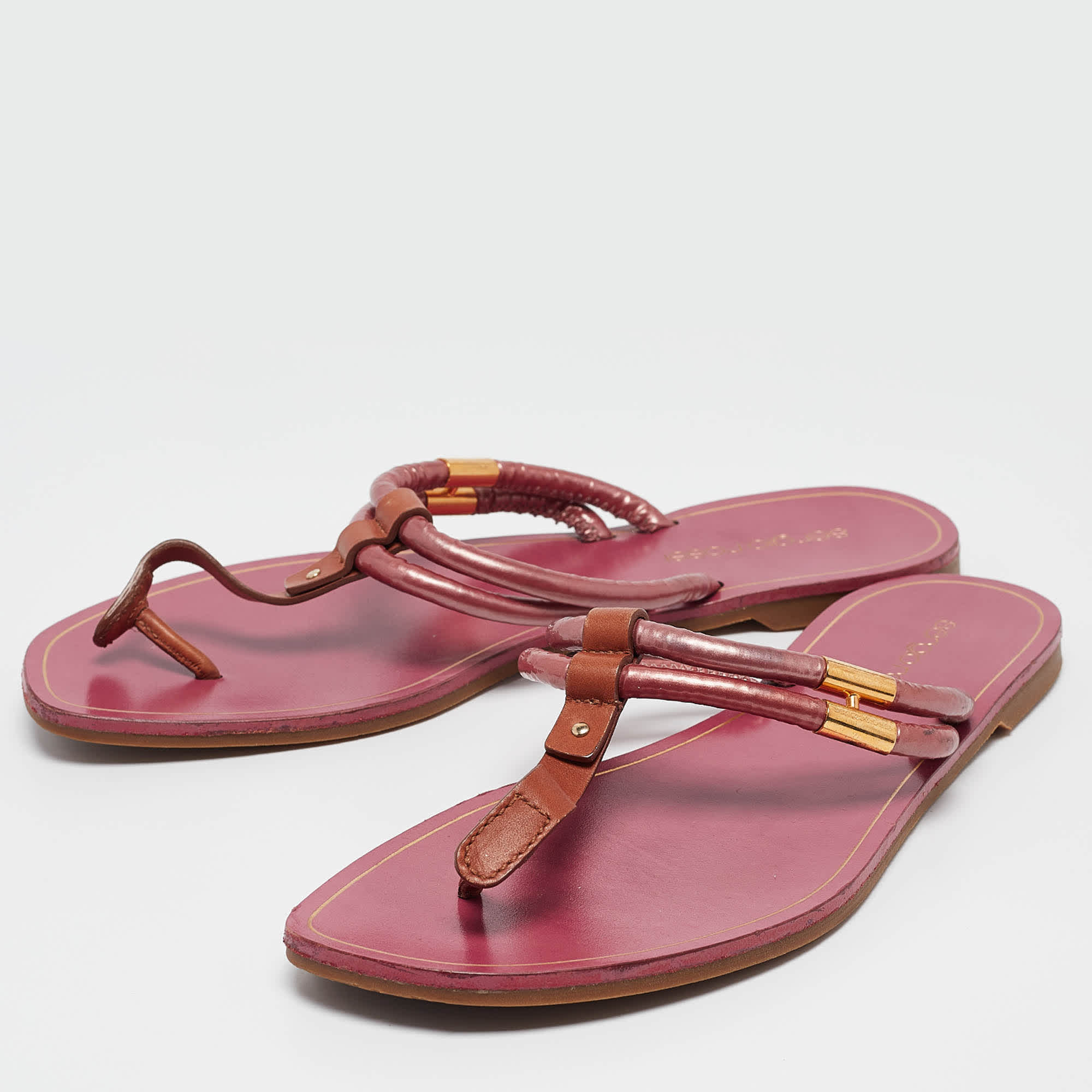 Sergio Rossi Purple/brown Leather And Pvc T Strap Flat Slides