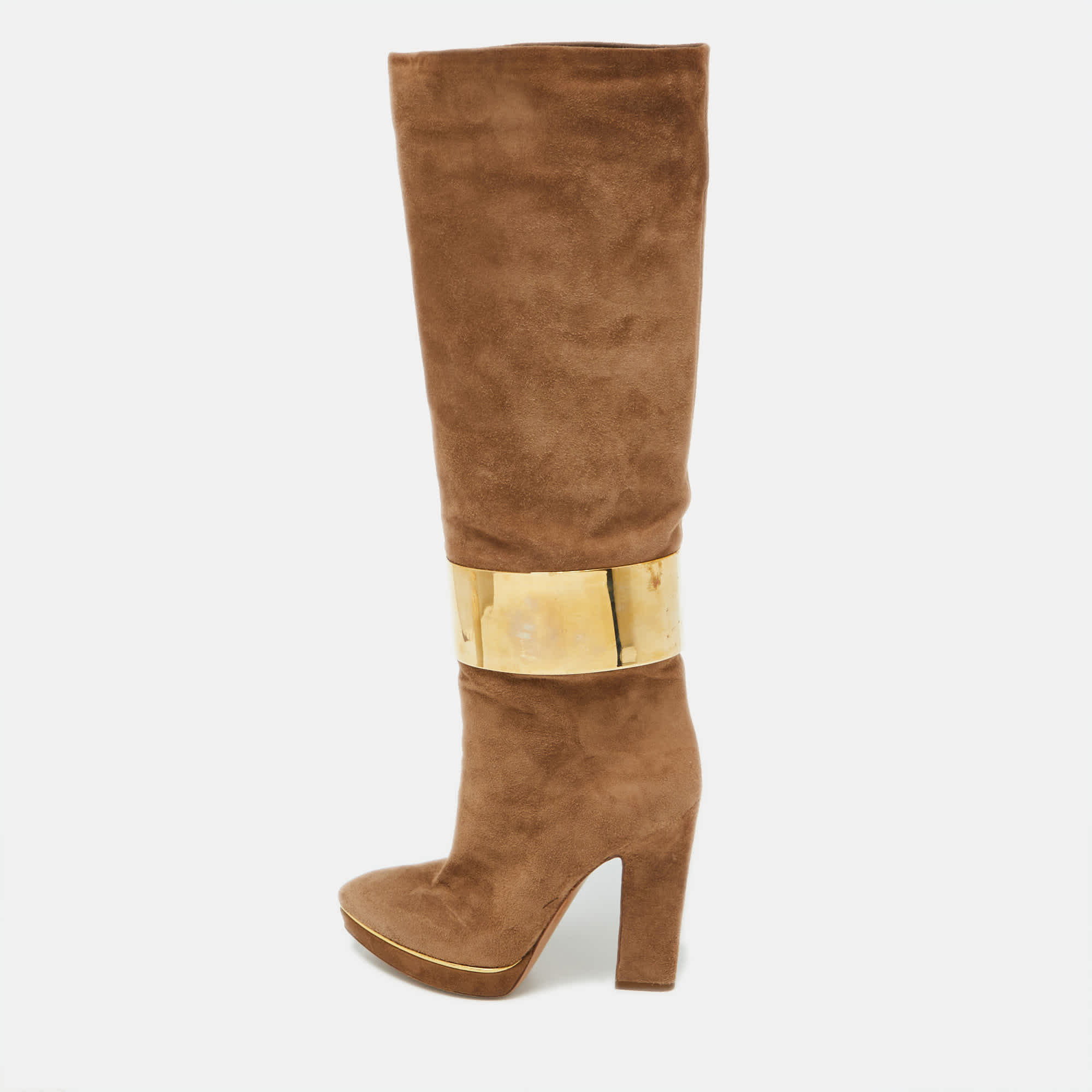 Sergio Rossi Light Brown Suede Metal Cuff Platform Knee Length Boots