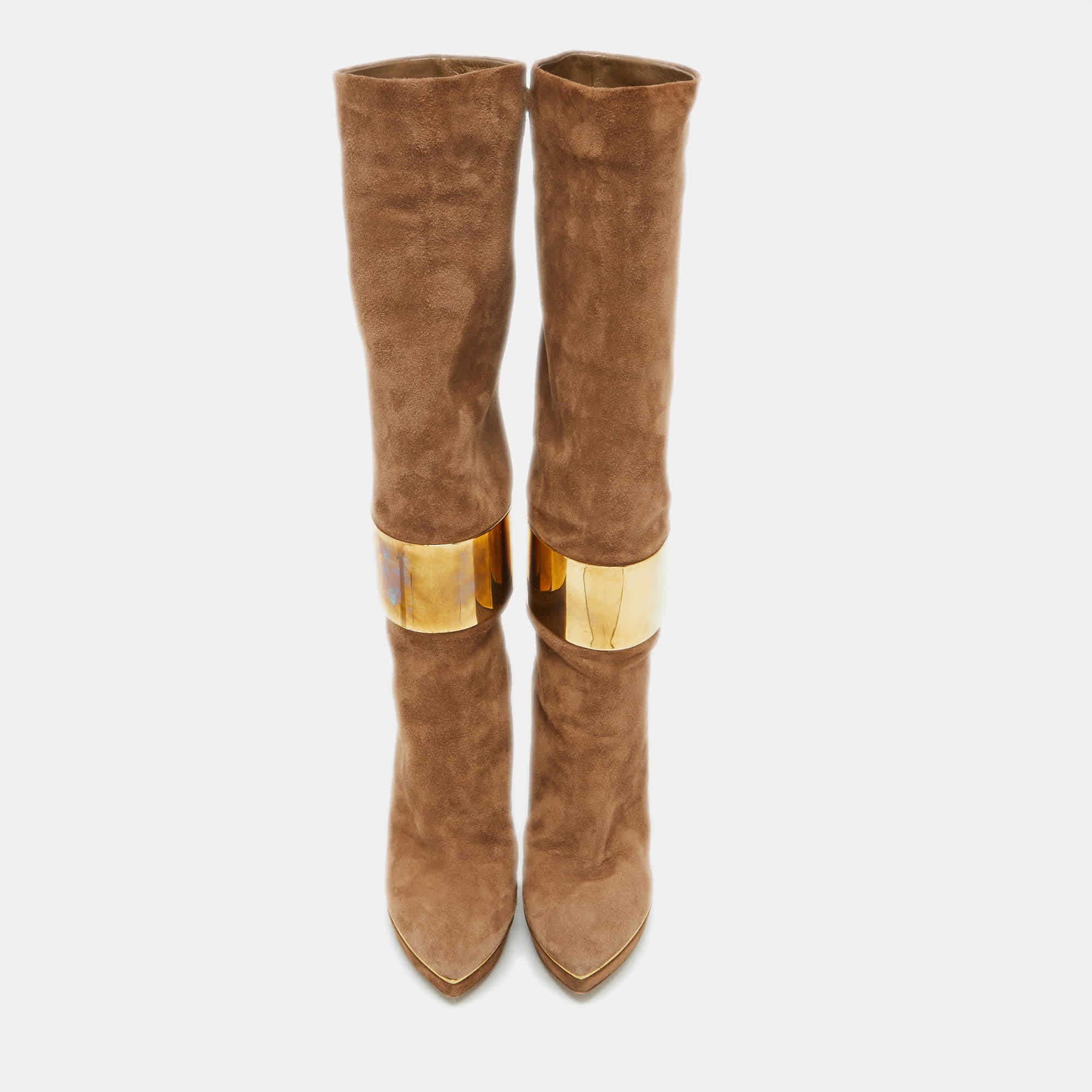 Sergio Rossi Light Brown Suede Metal Cuff Platform Knee Length Boots