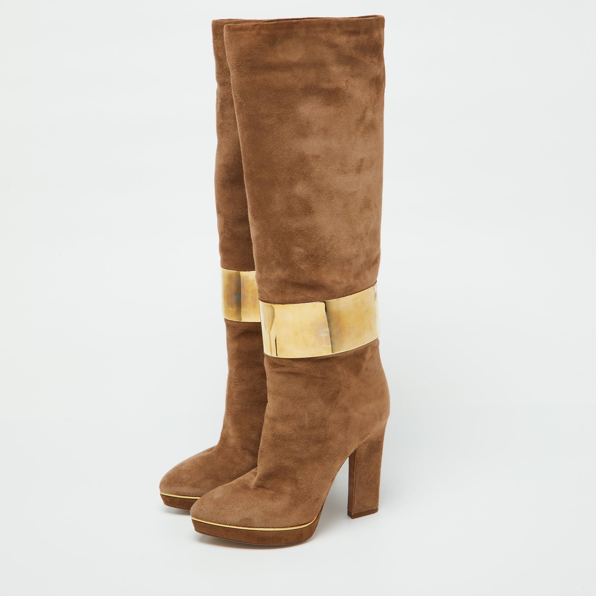 Sergio Rossi Light Brown Suede Metal Cuff Platform Knee Length Boots