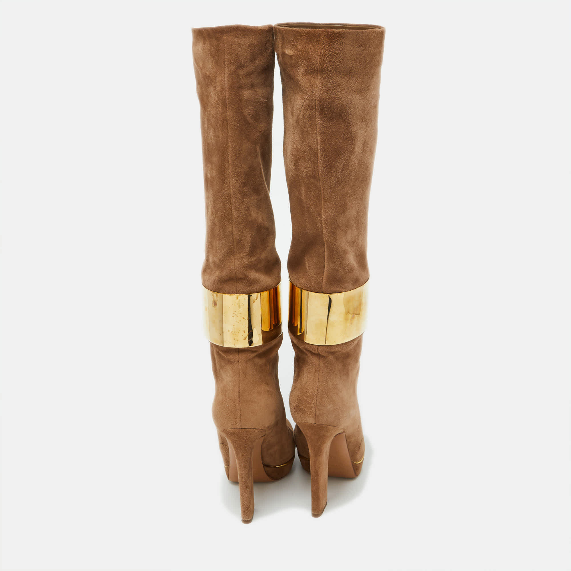Sergio Rossi Light Brown Suede Metal Cuff Platform Knee Length Boots