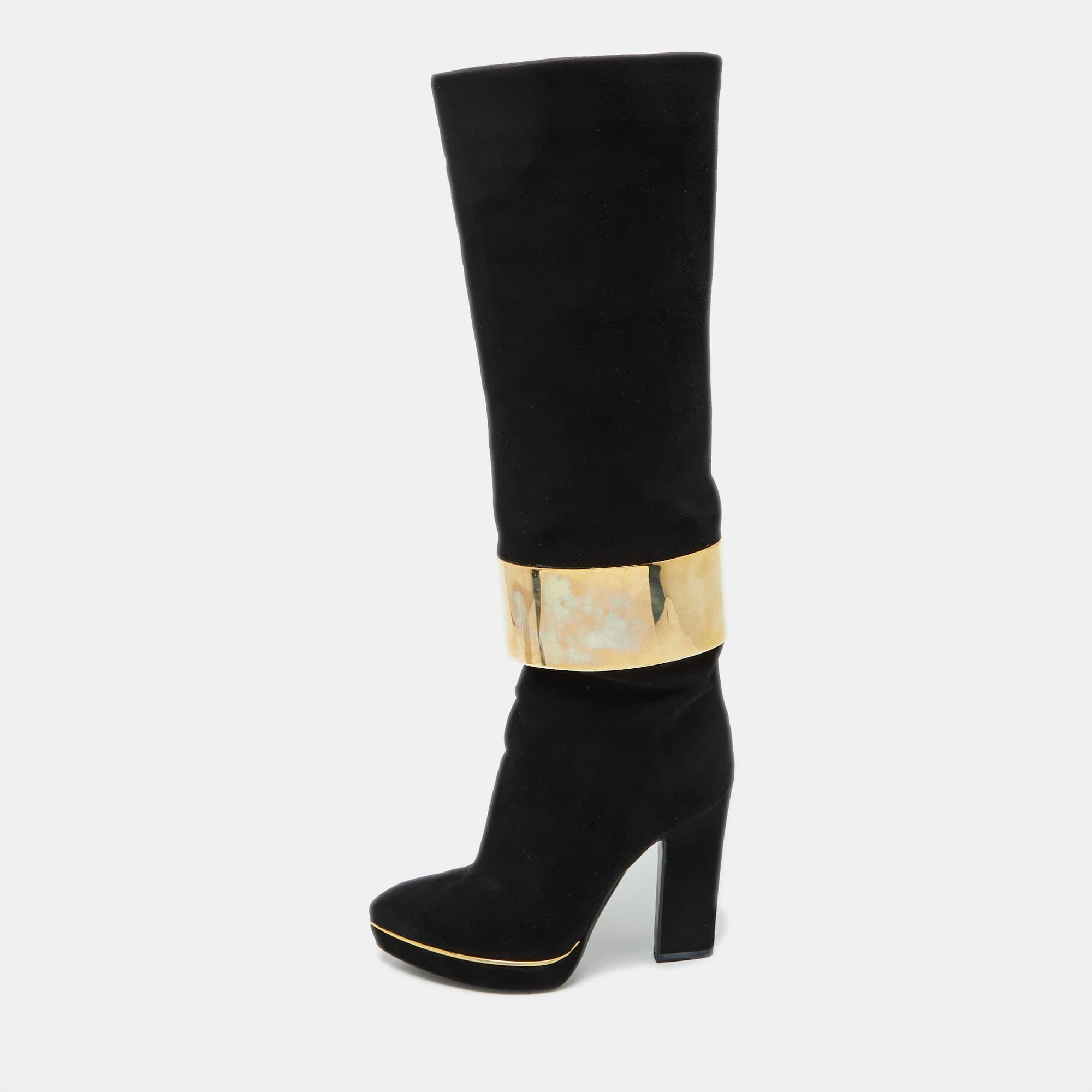 Sergio Rossi Black Suede Metal Cuff Platform Knee Length Boots