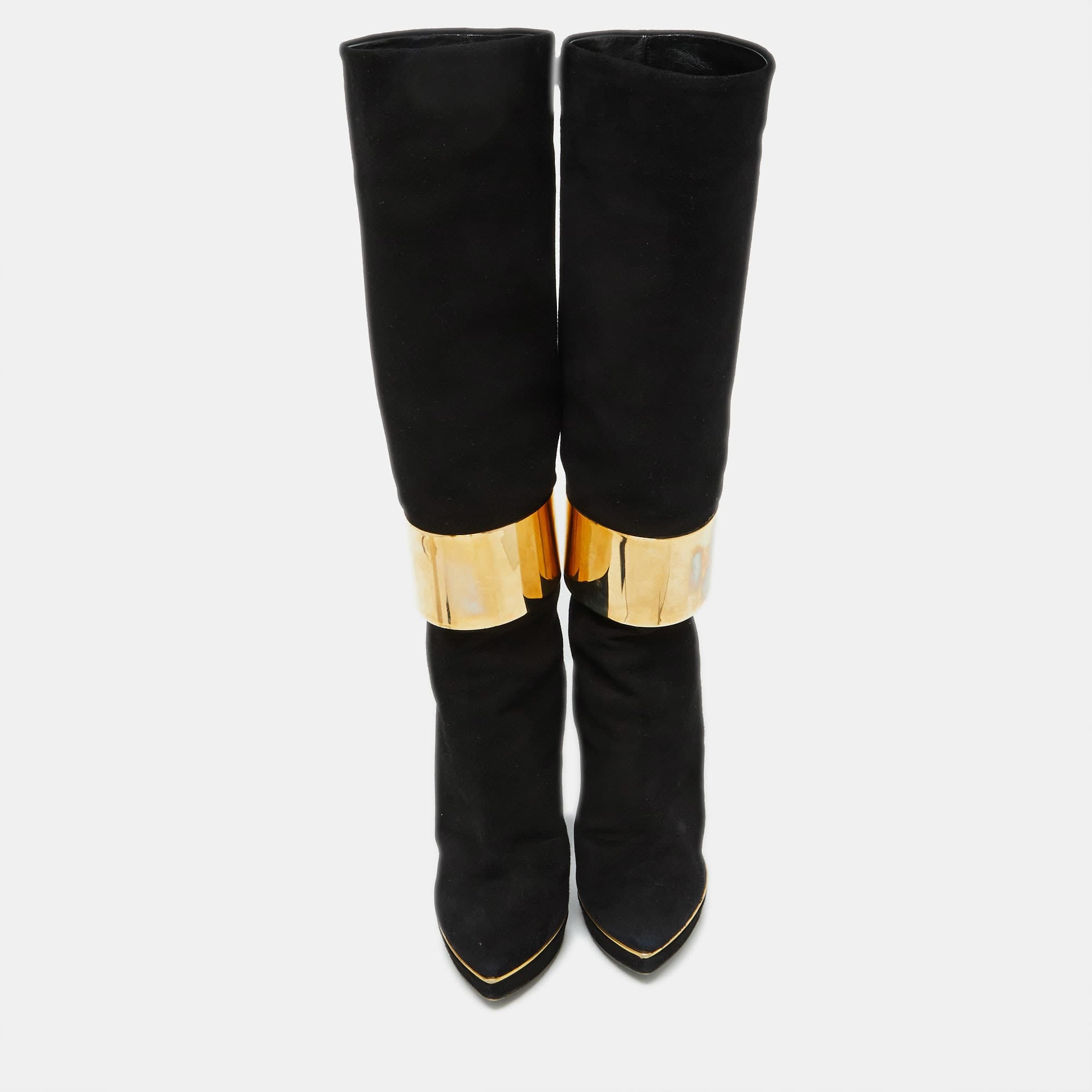 Sergio Rossi Black Suede Metal Cuff Platform Knee Length Boots