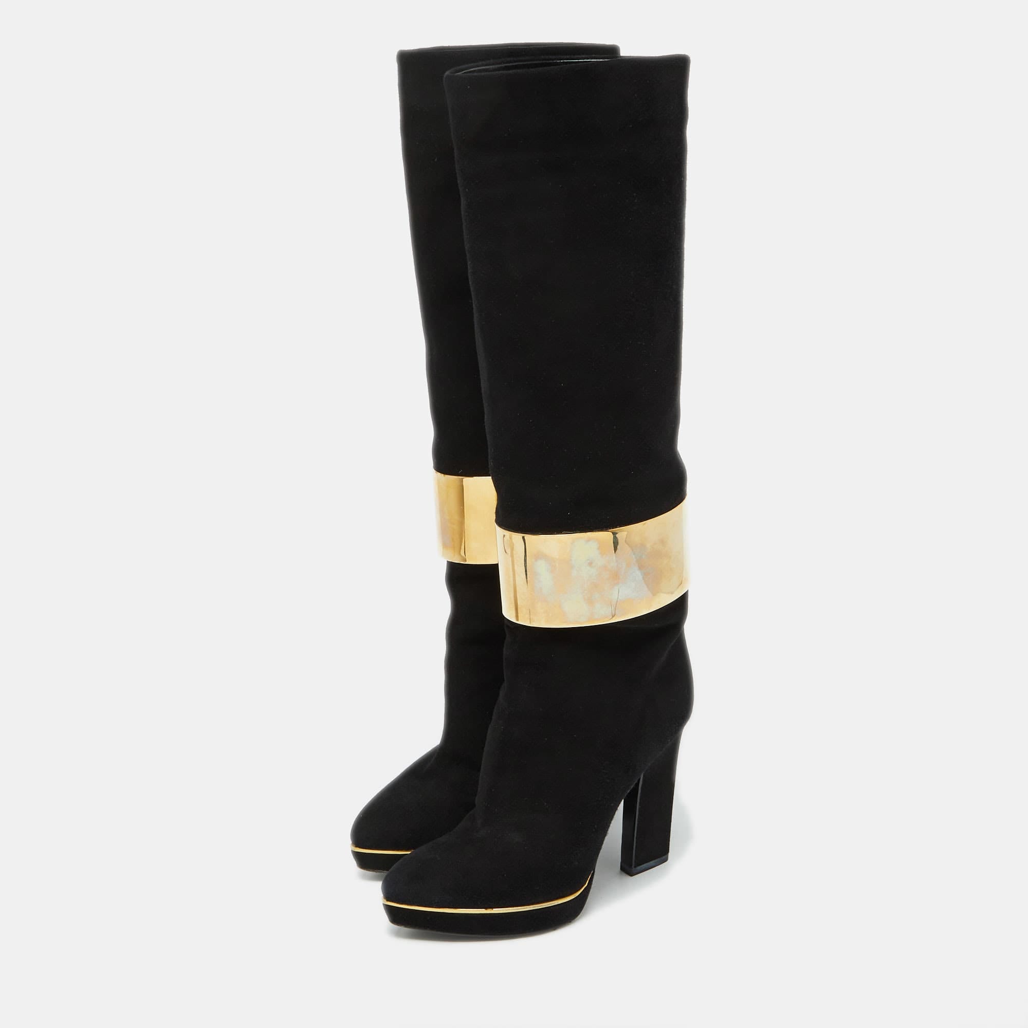 Sergio Rossi Black Suede Metal Cuff Platform Knee Length Boots