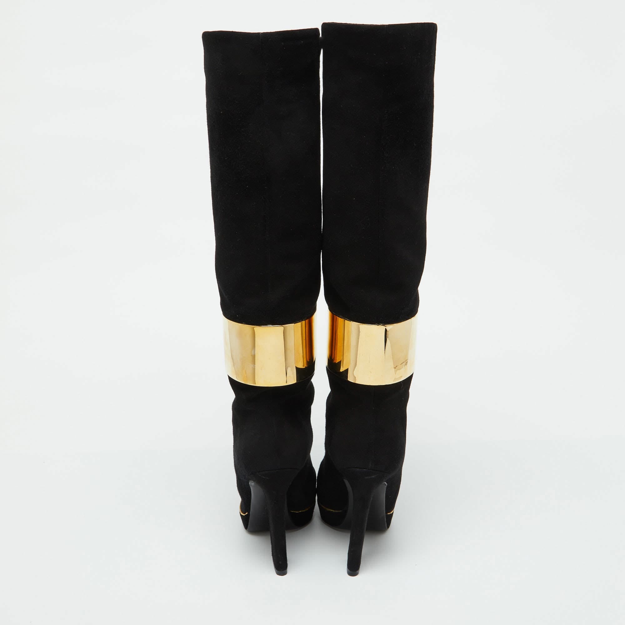 Sergio Rossi Black Suede Metal Cuff Platform Knee Length Boots