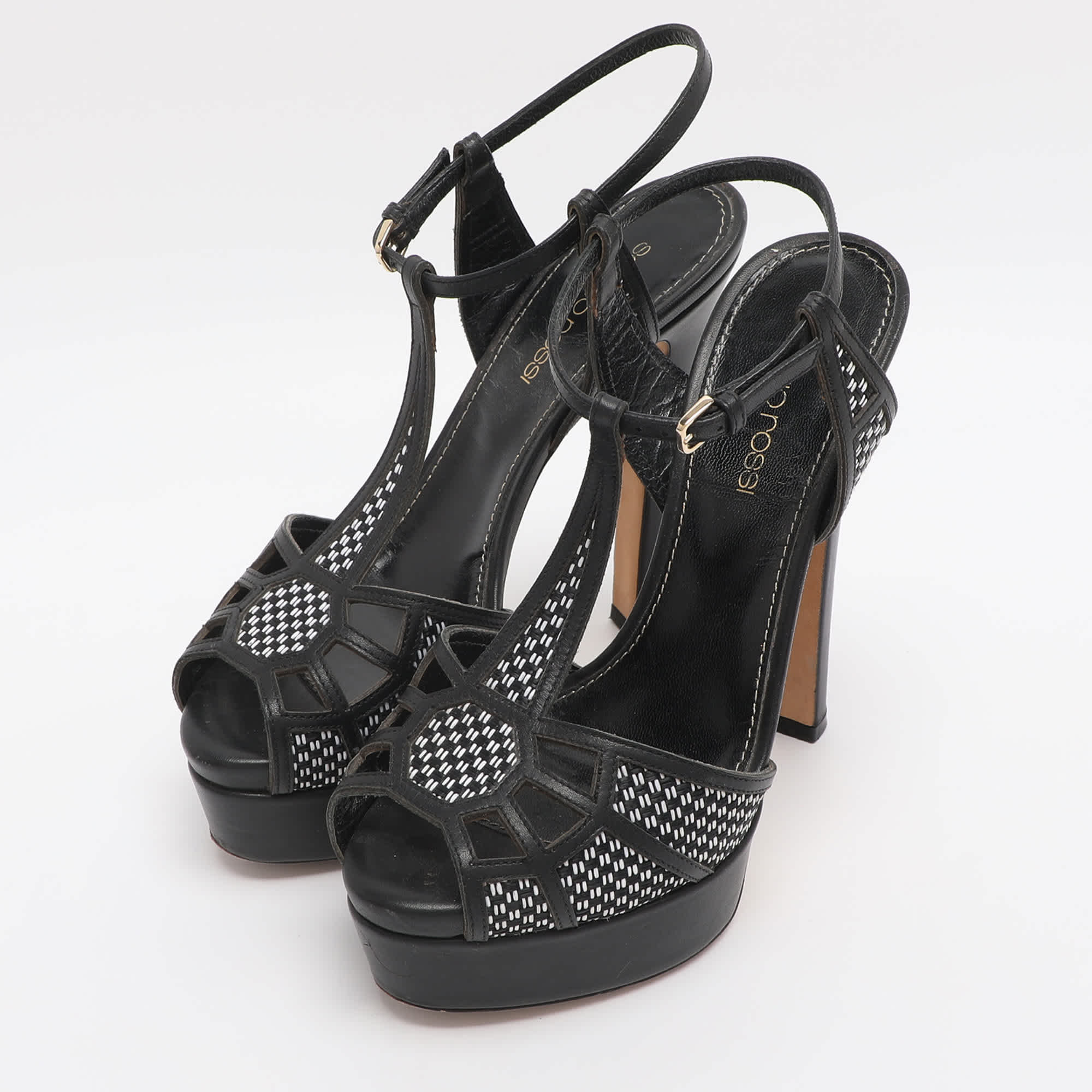 Sergio Rossi Black Monochrome Leather And Straw Platform Sandals