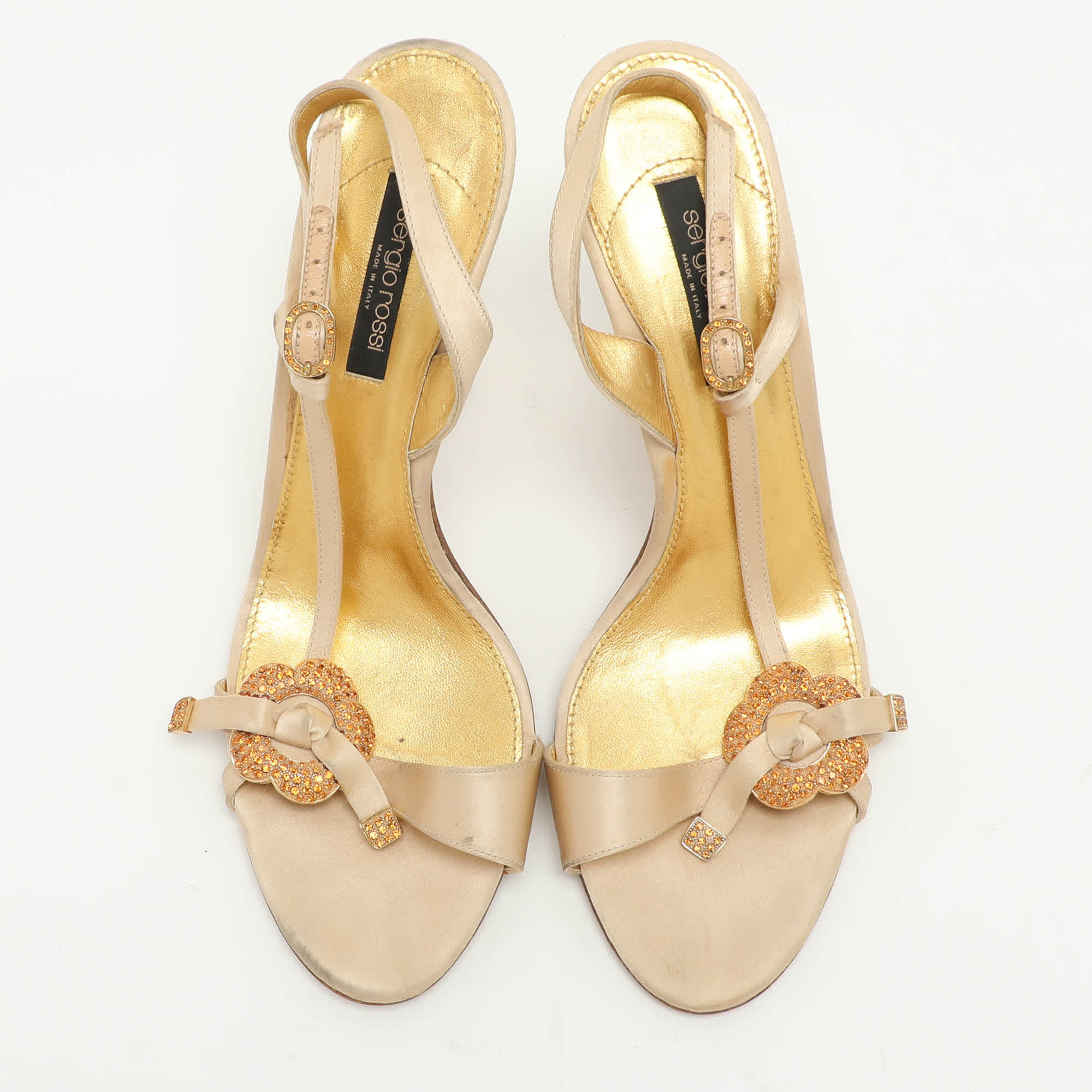 Sergio Rossi Beige Satin Embellished Slingback Sandals