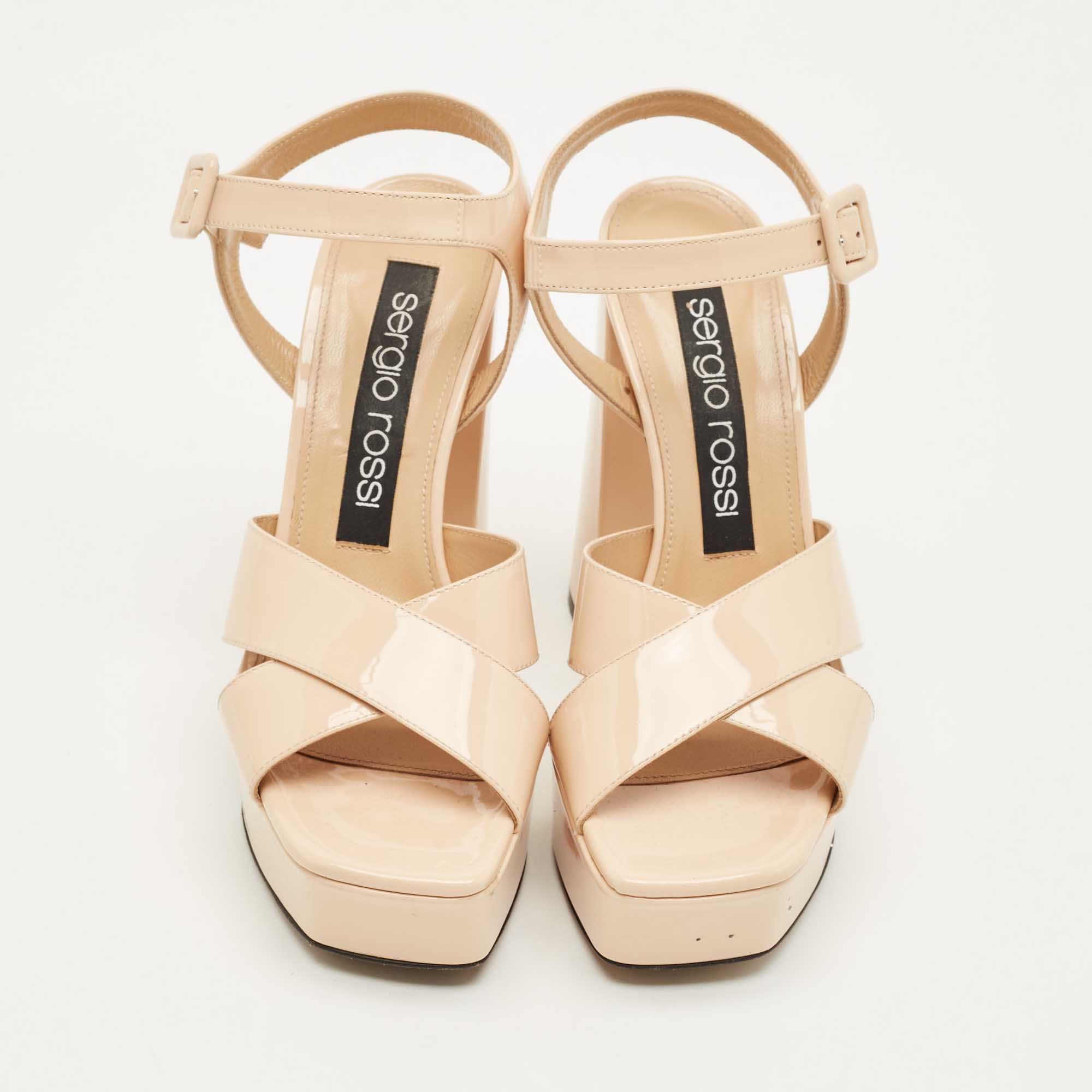 Sergio Rossi Beige Patent Leather Crisscross Ankle Strap Sandals
