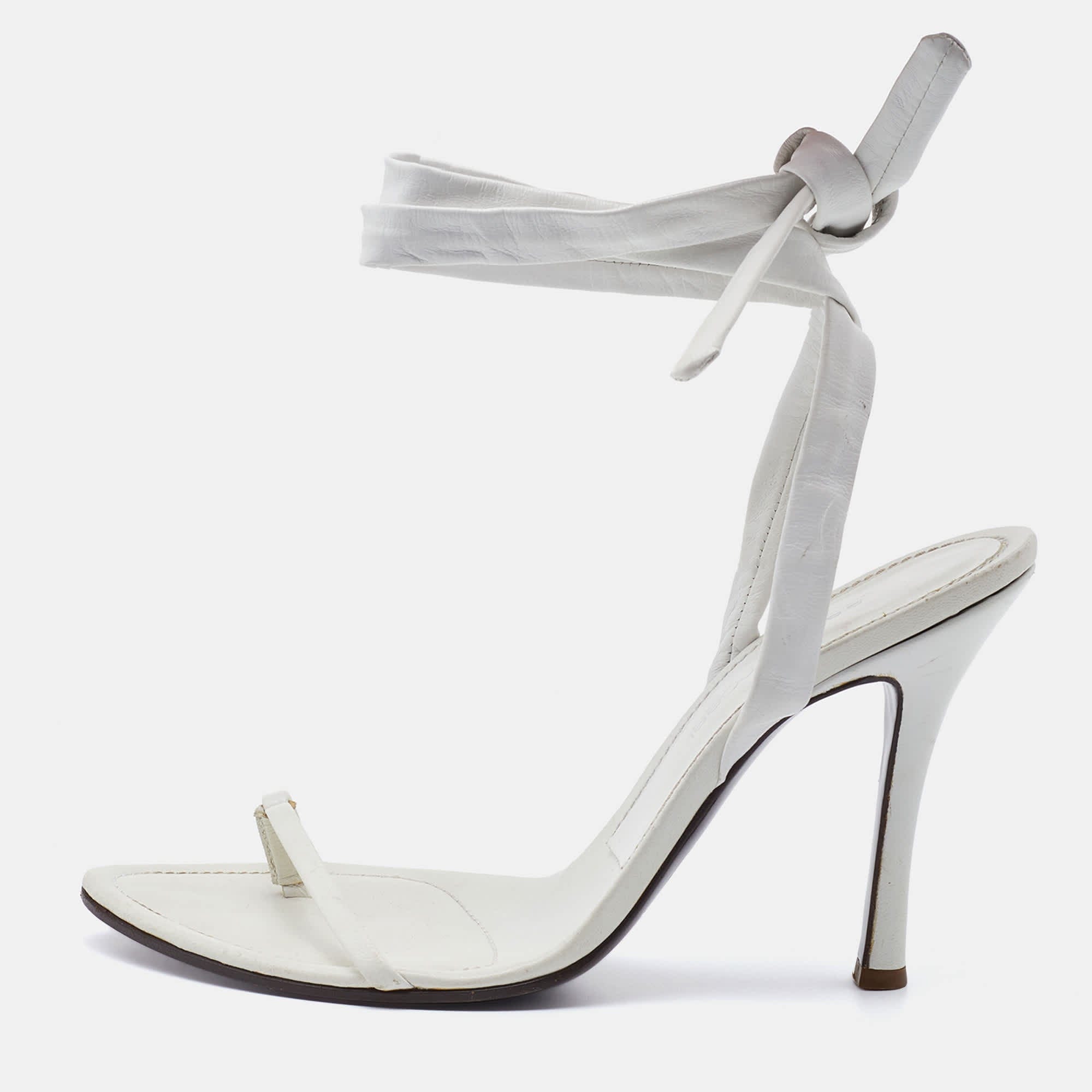 Sergio Rossi White Leather Ankle Wrap Sandals