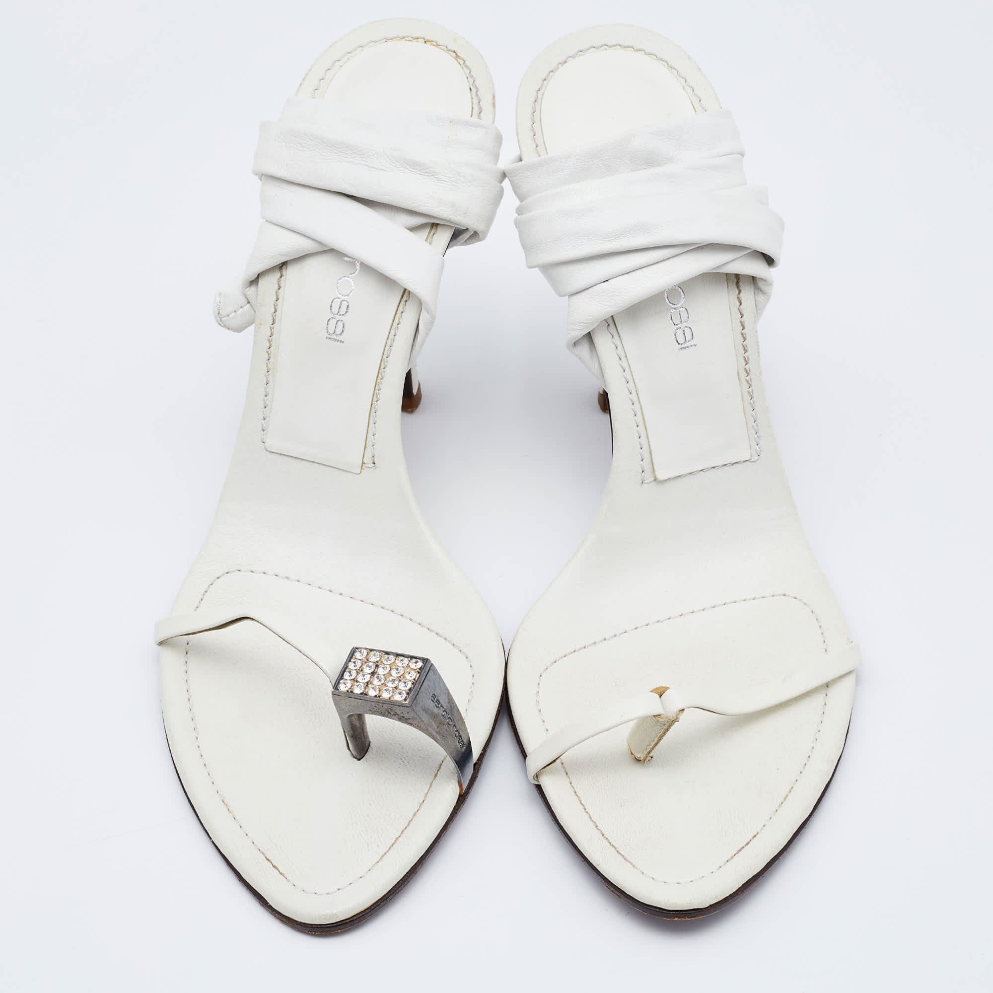 Sergio Rossi White Leather Ankle Wrap Sandals