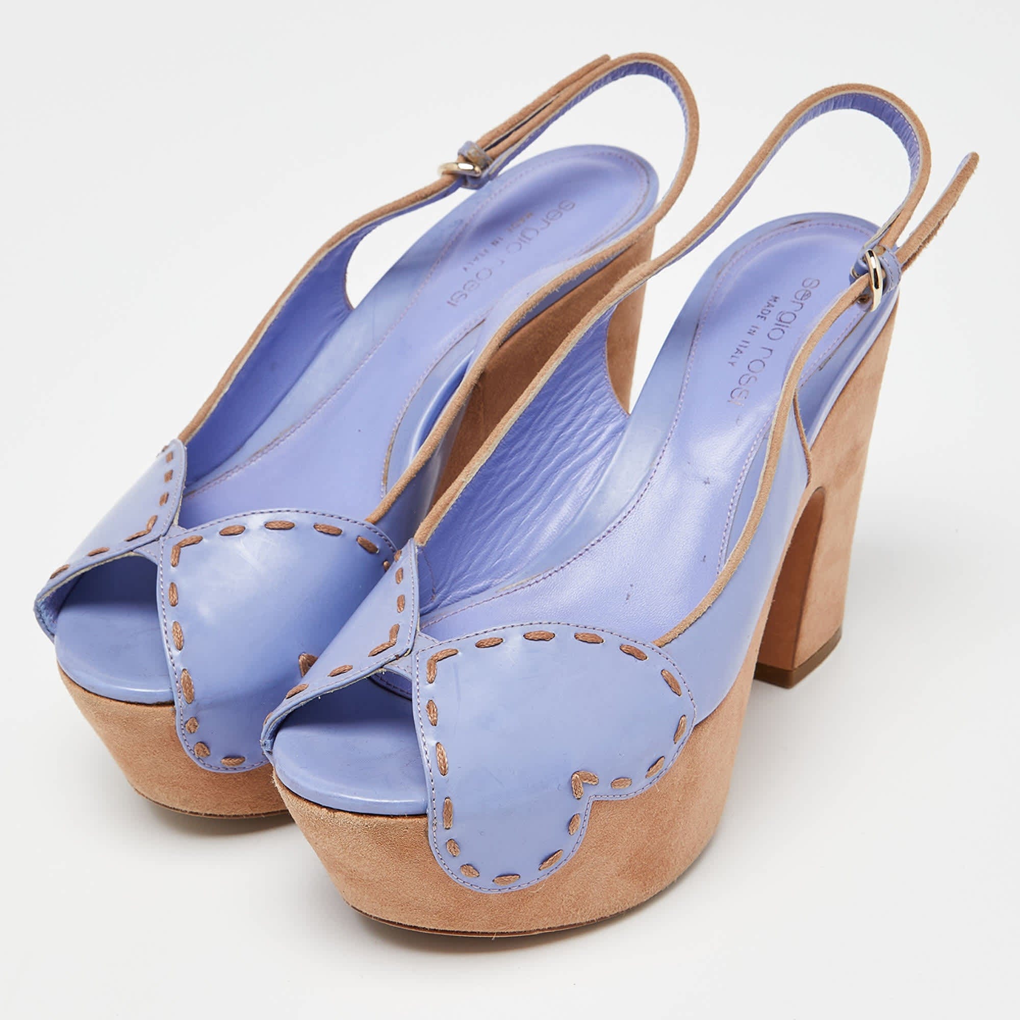 Sergio Rossi Lavender Leather And Alcantara Platform Slingback Sandals