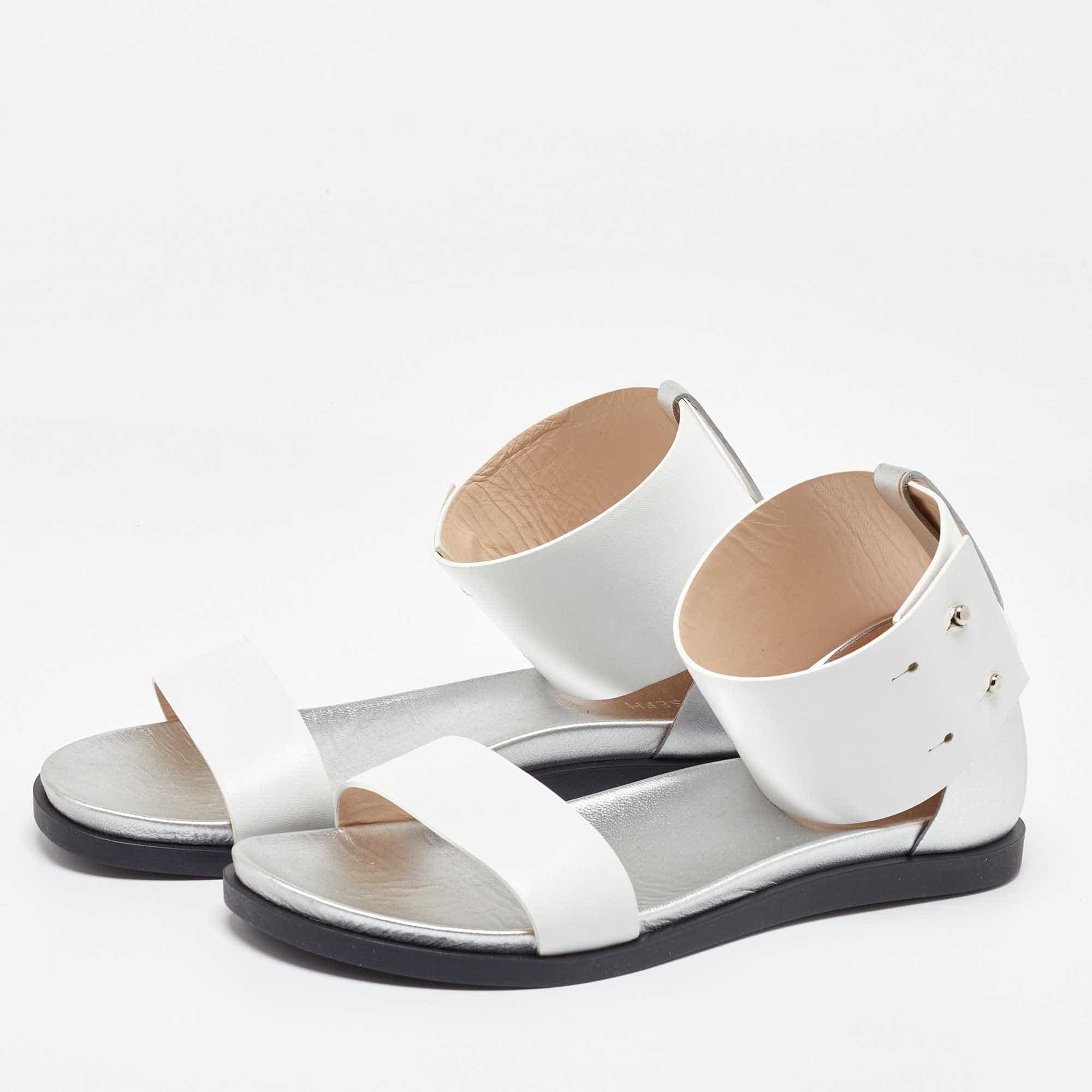 Joseph White/silver Leather Ankle Strap Flat Sandals
