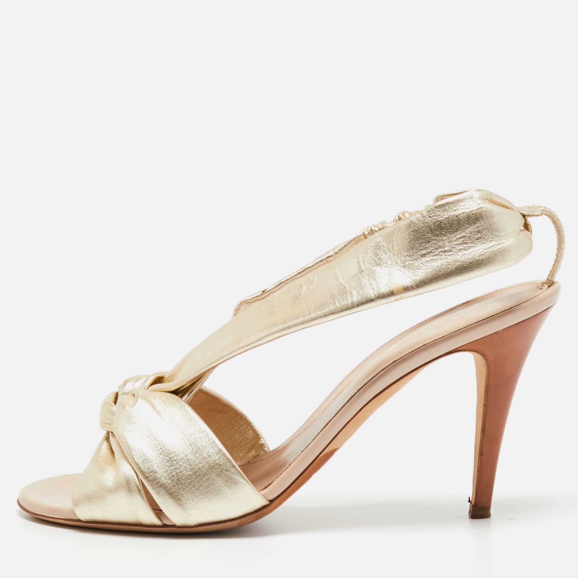 Sergio Rossi Gold Leather Knot Detail Open Toe Sandals