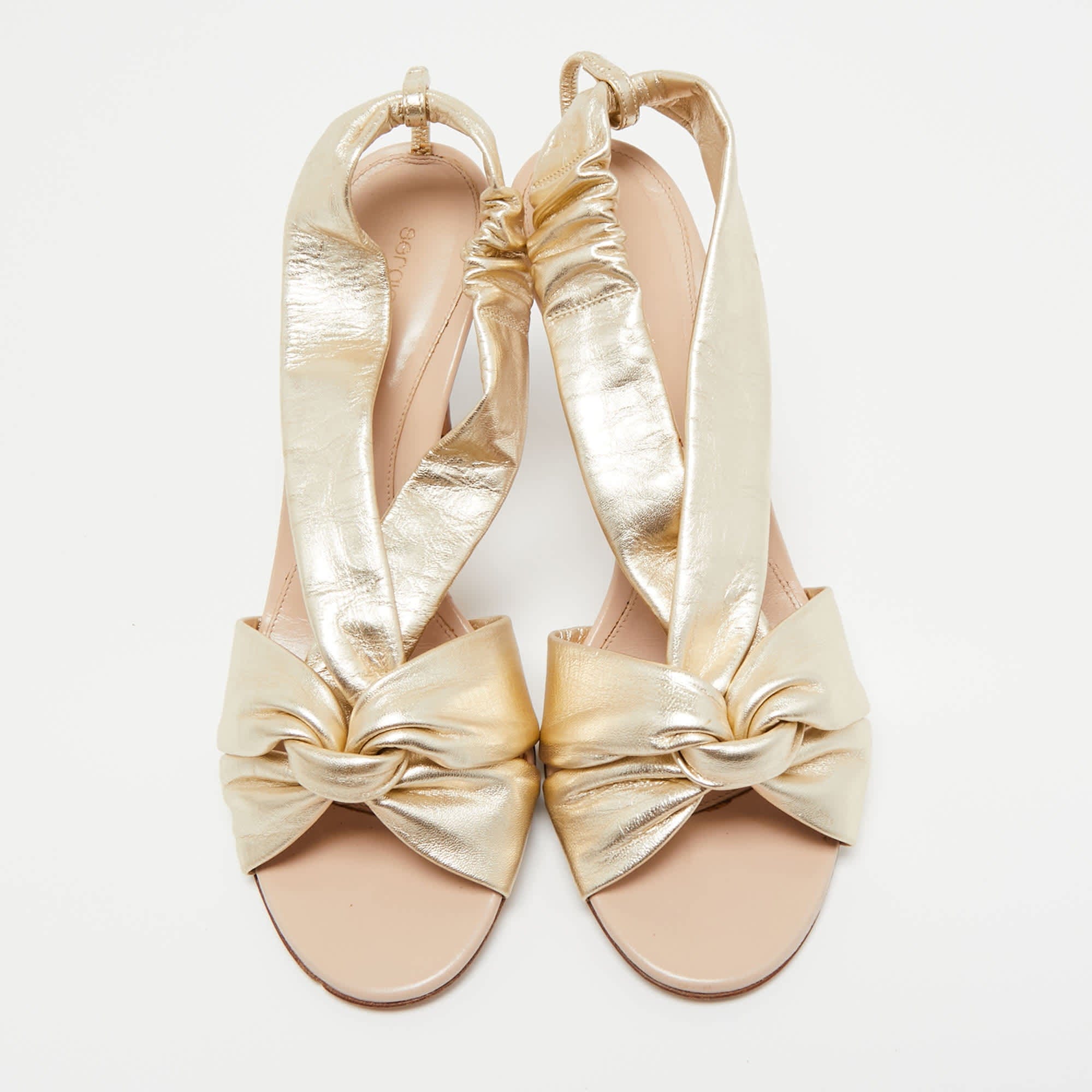 Sergio Rossi Gold Leather Knot Detail Open Toe Sandals