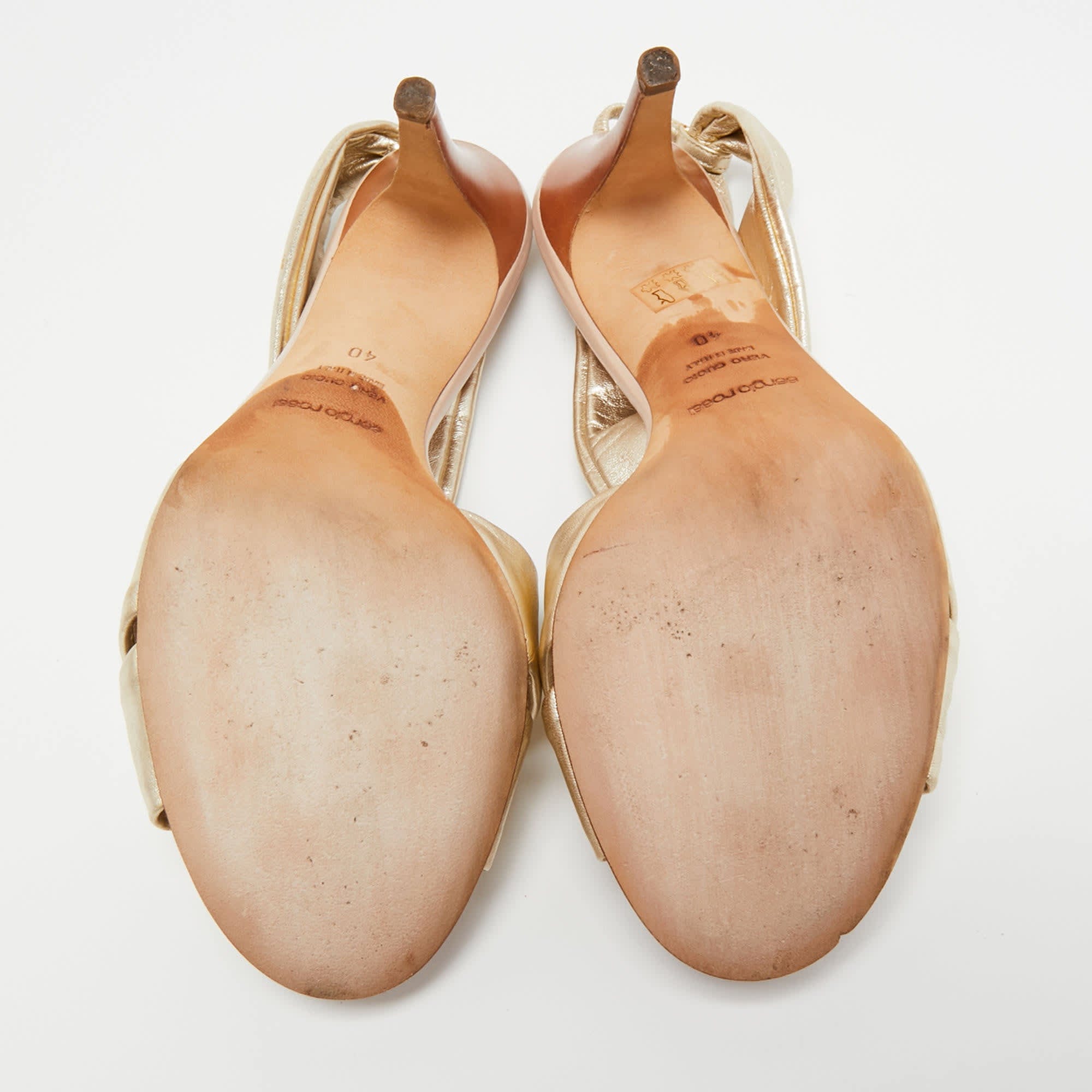 Sergio Rossi Gold Leather Knot Detail Open Toe Sandals