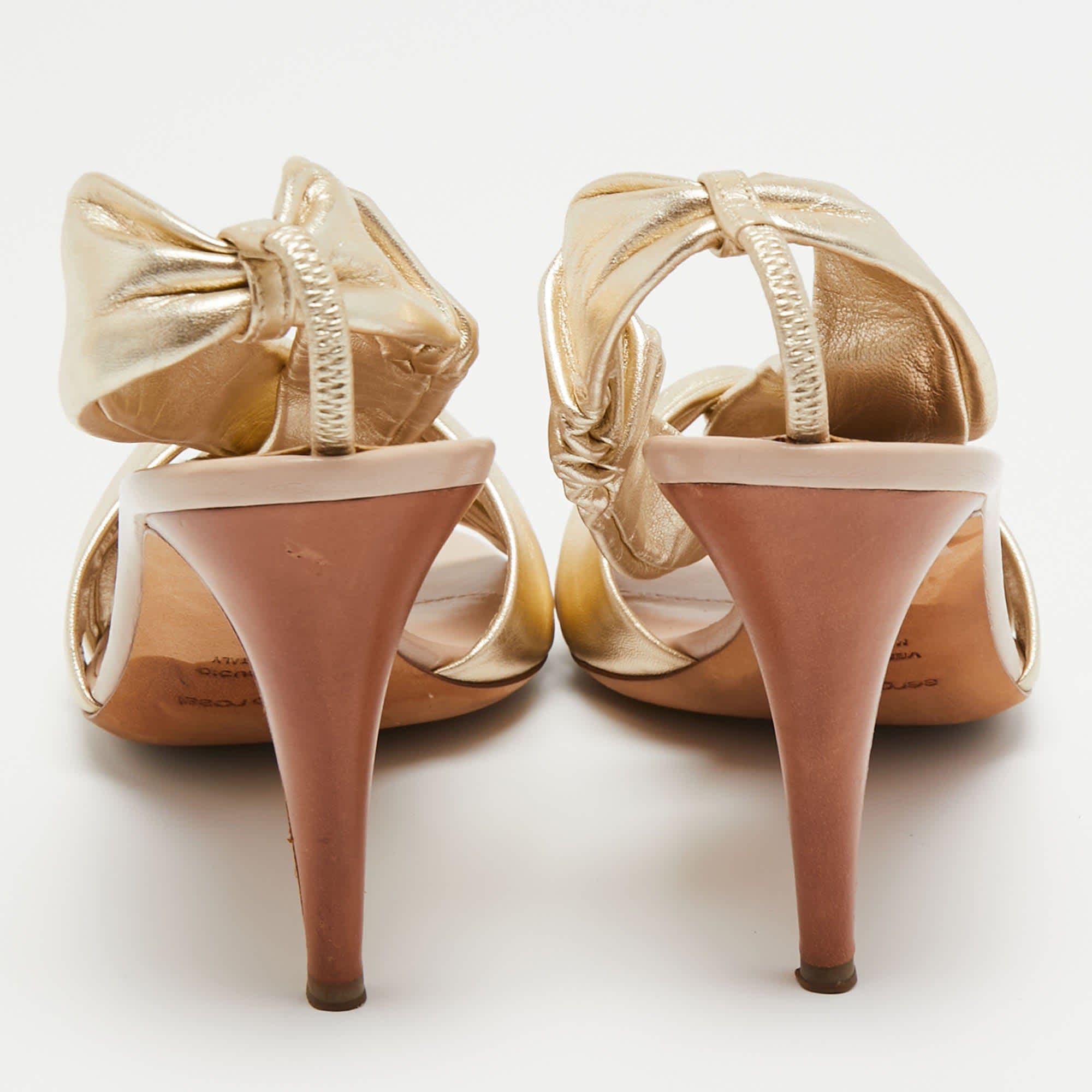 Sergio Rossi Gold Leather Knot Detail Open Toe Sandals