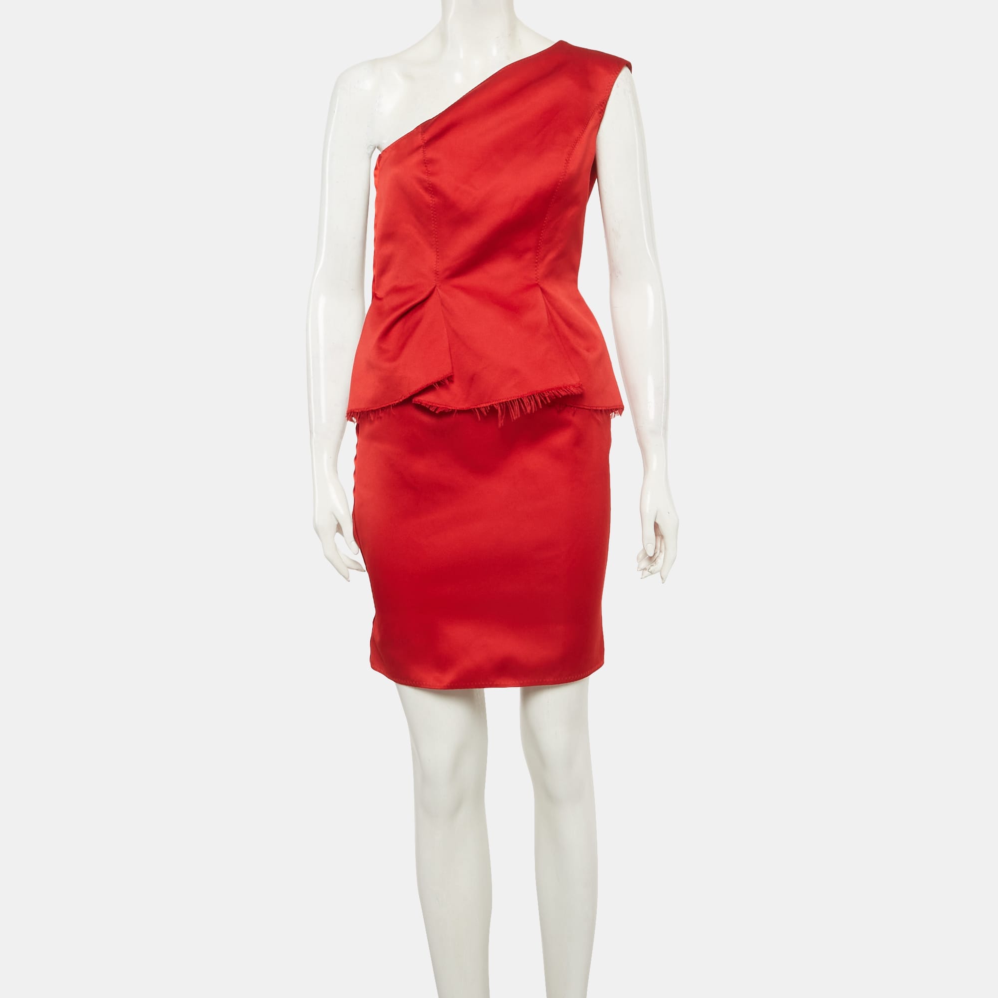 Lanvin Les 10 Ans Red Satin One Shoulder Peplum Dress