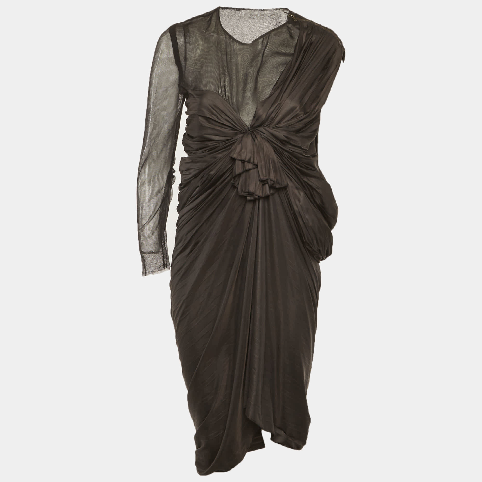 Lanvin Black Satin Bow Detail Plisse Mini Dress