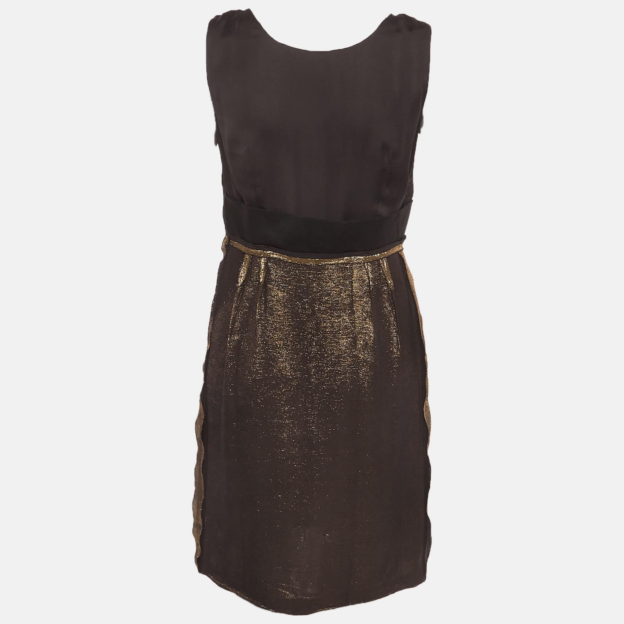 Lanvin Black/gold Metallic And Satin Sleeveless Mini Dress