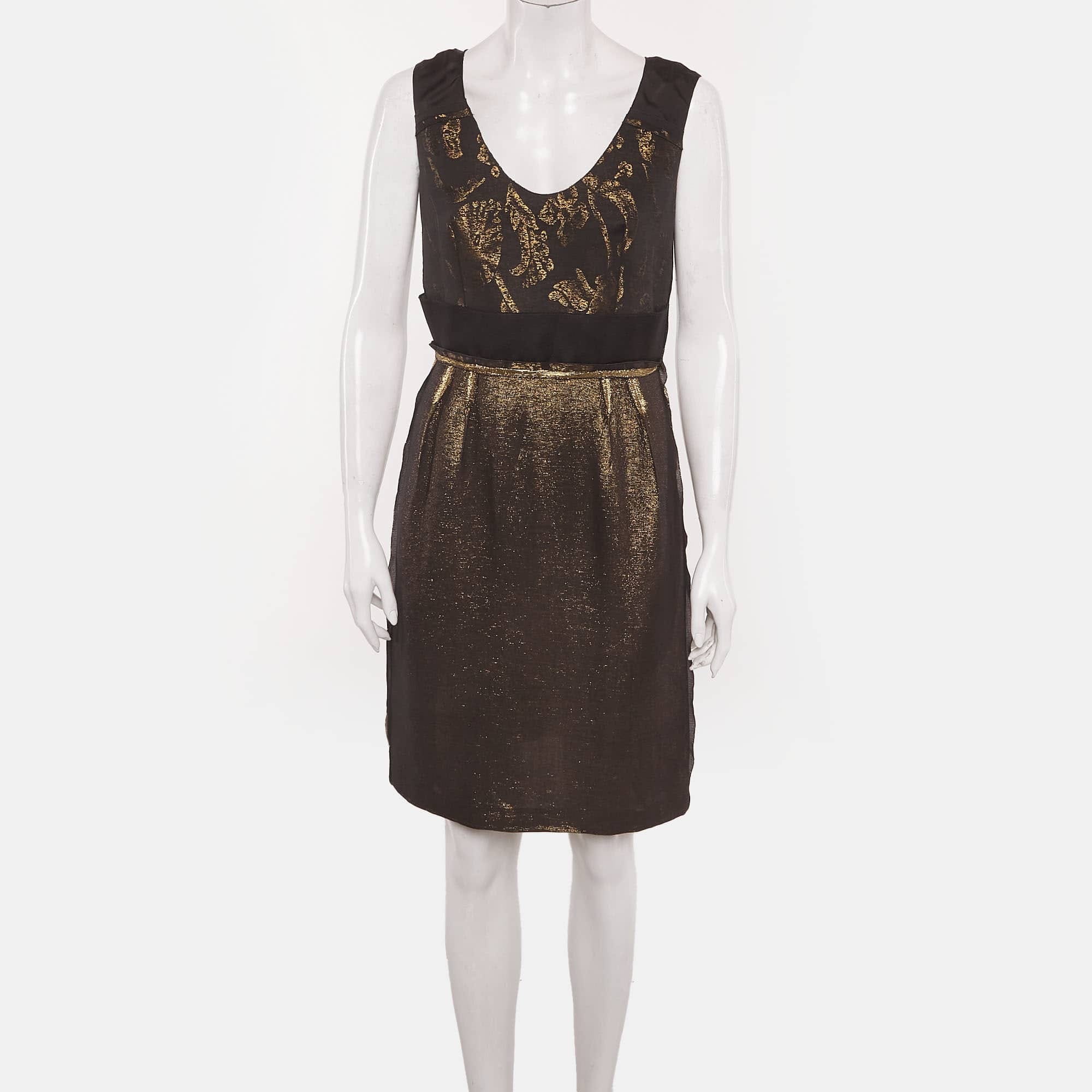 Lanvin Black/gold Metallic And Satin Sleeveless Mini Dress