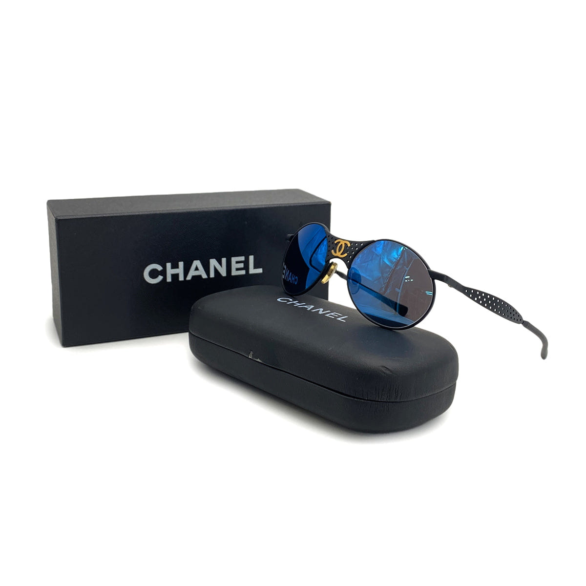 Purpose VINTAGE CHANEL COCOMARK SUNGLASSES BLUE LENS BLACK EYEWEAR 90324631