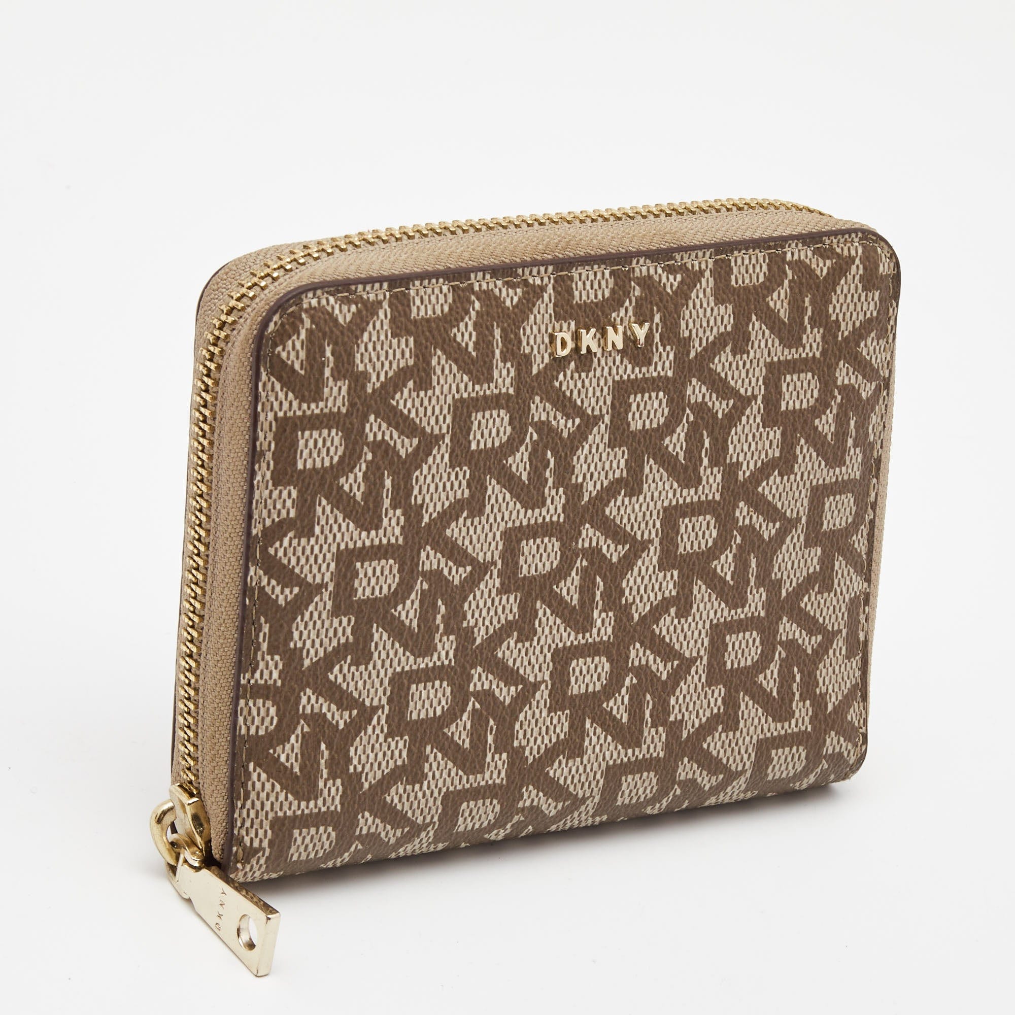 Dkny Beige/brown Signature Coated Canvas Zip Around Continental Wallet