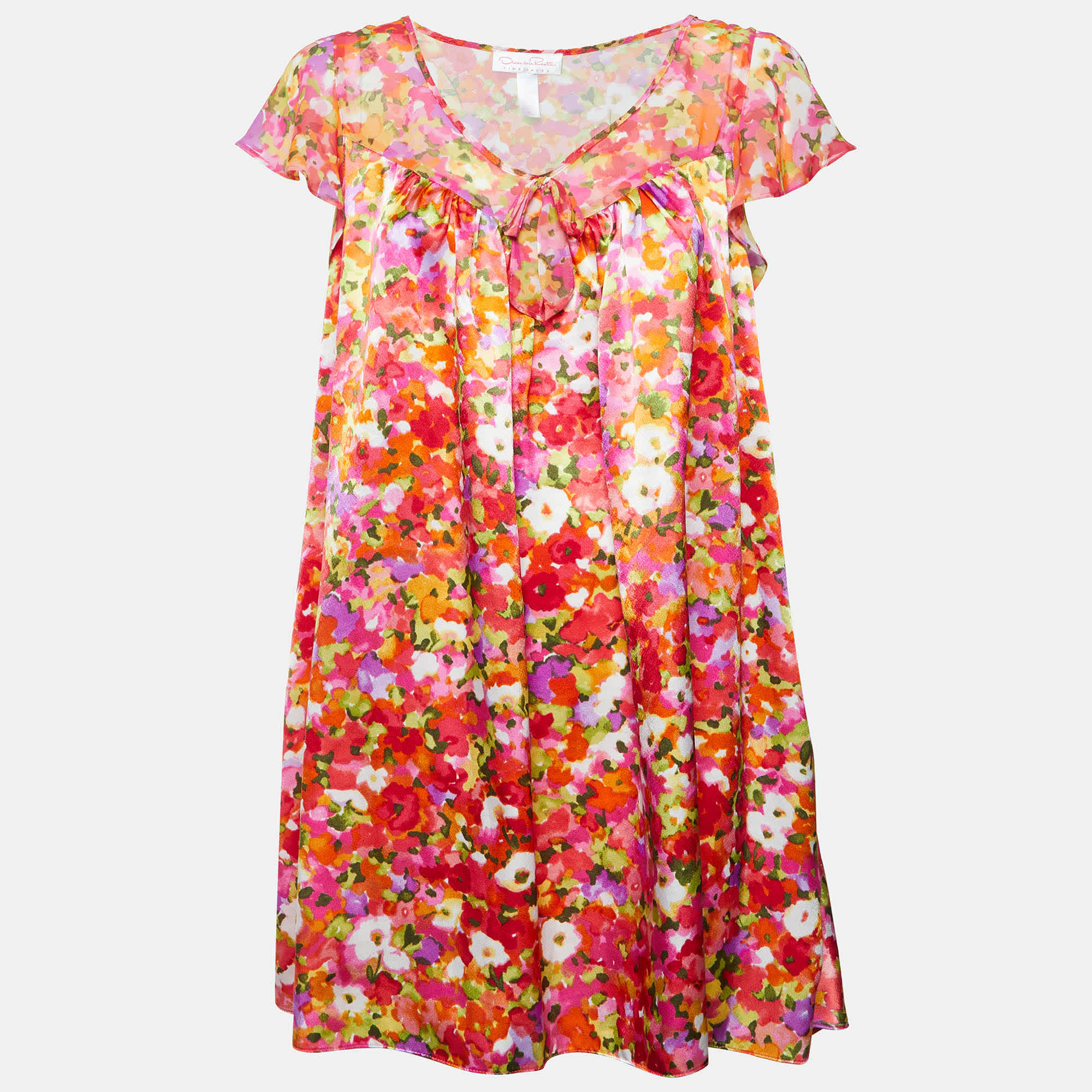 Oscar De La Renta Pink Label Multicolor Floral Print Satin Night Gown