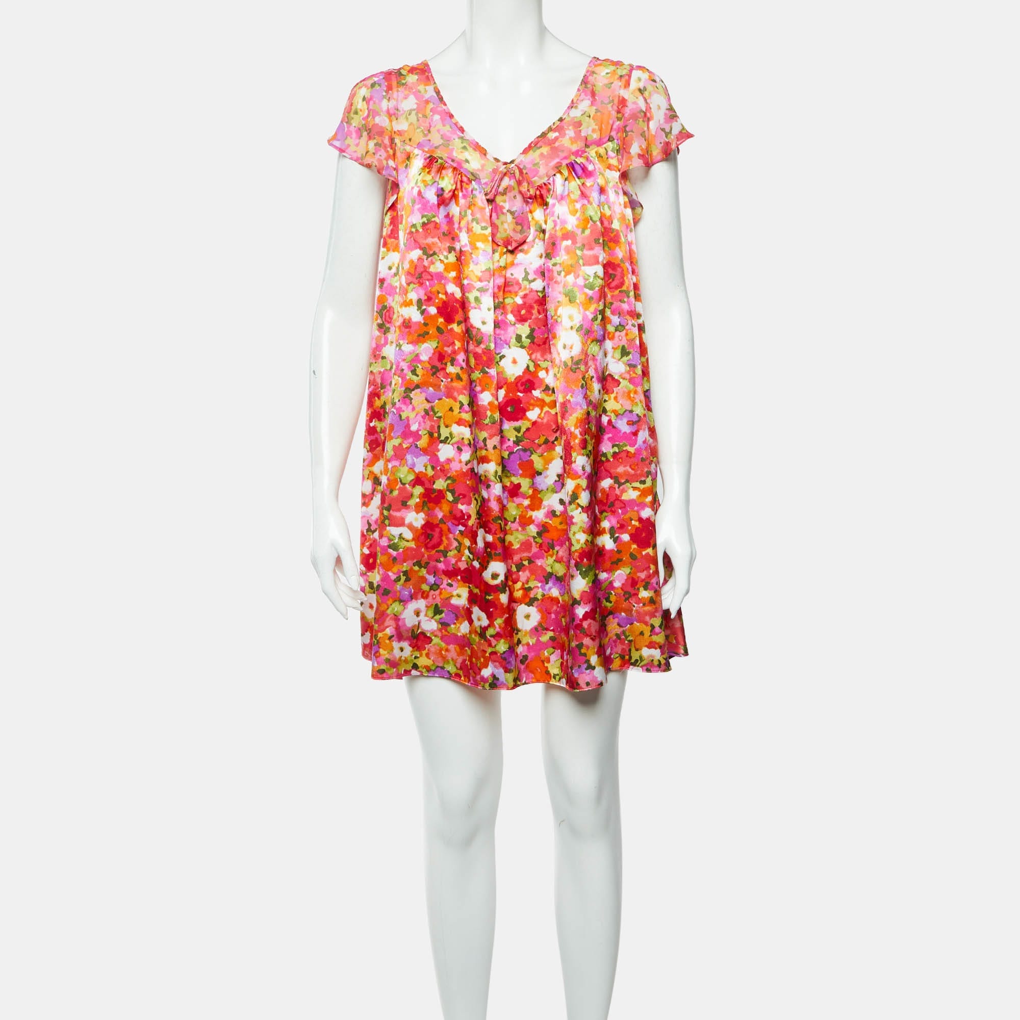 Oscar De La Renta Pink Label Multicolor Floral Print Satin Night Gown