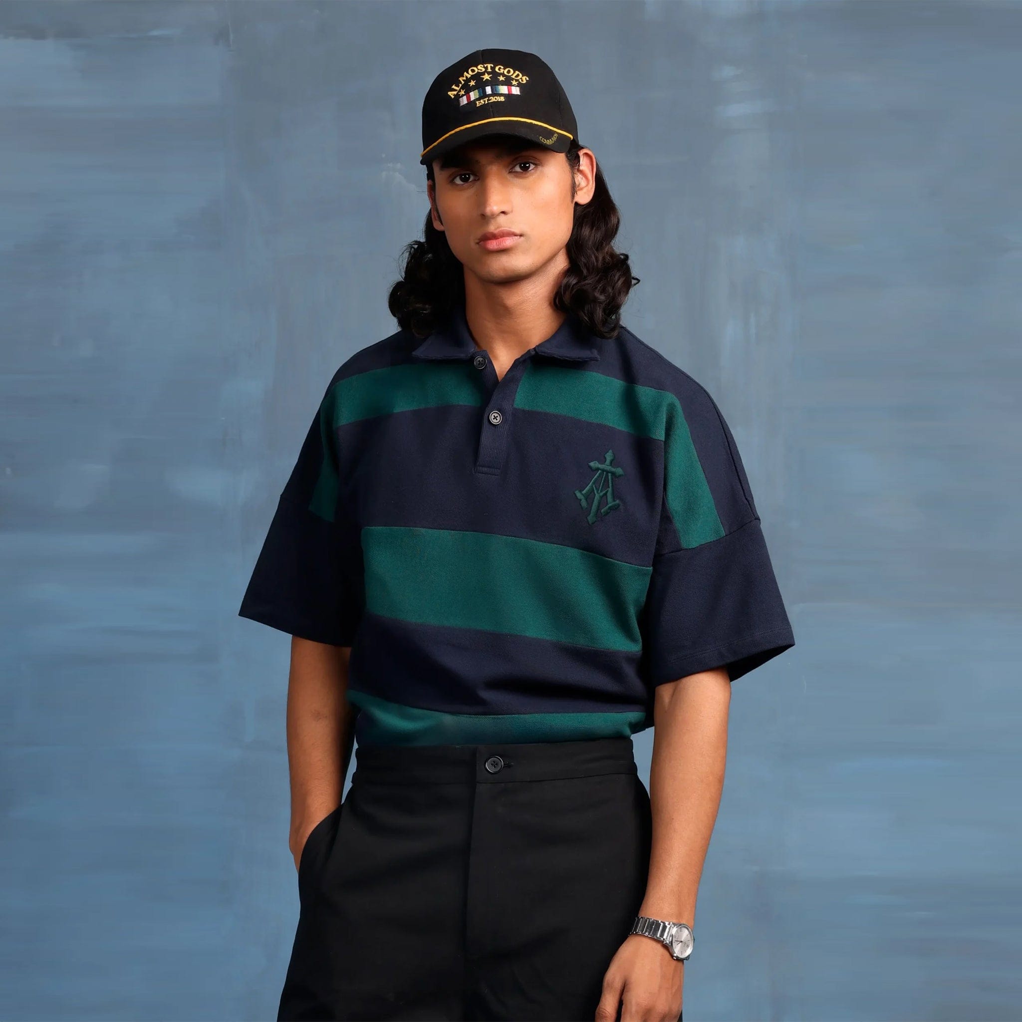 Almost Gods Alpha Cross Woven Striped Polo (Navy & Green)