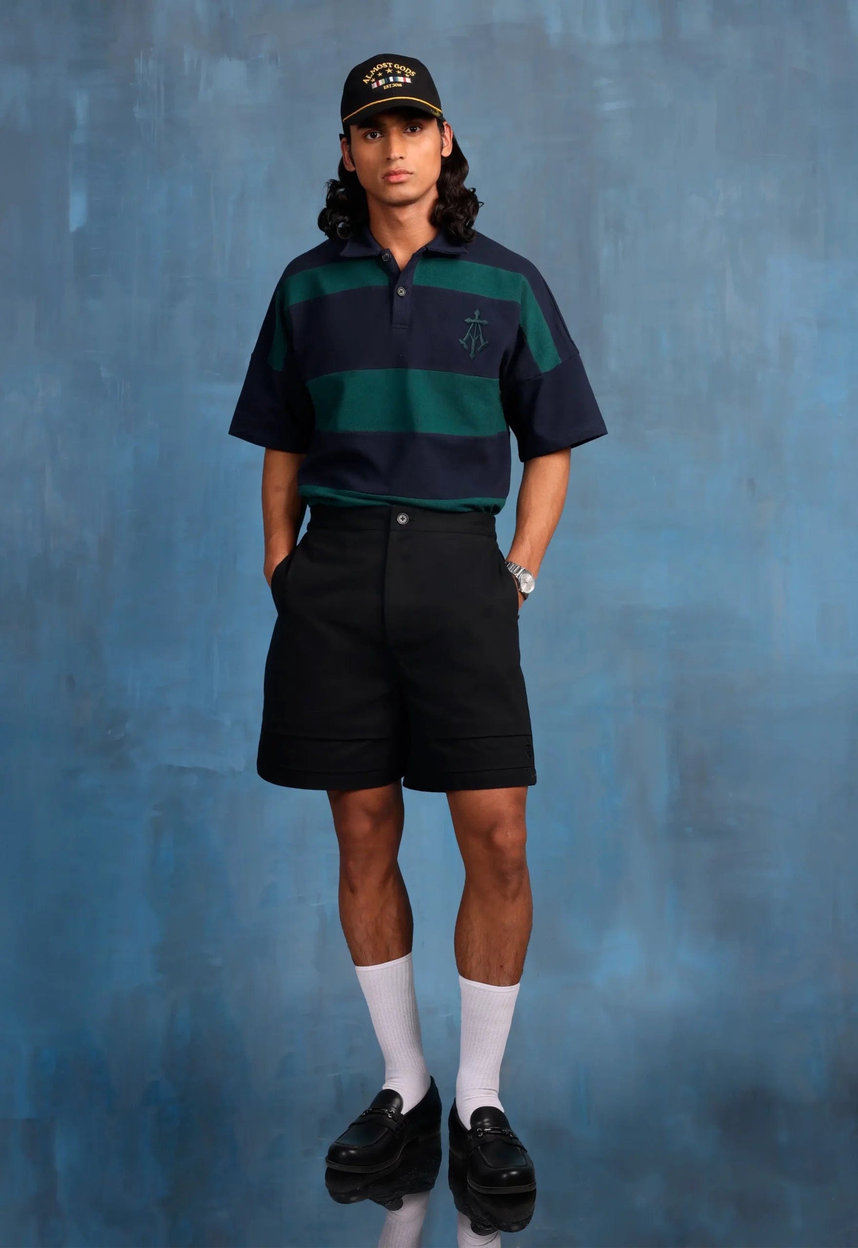 Almost Gods Alpha Cross Woven Striped Polo (Navy & Green)