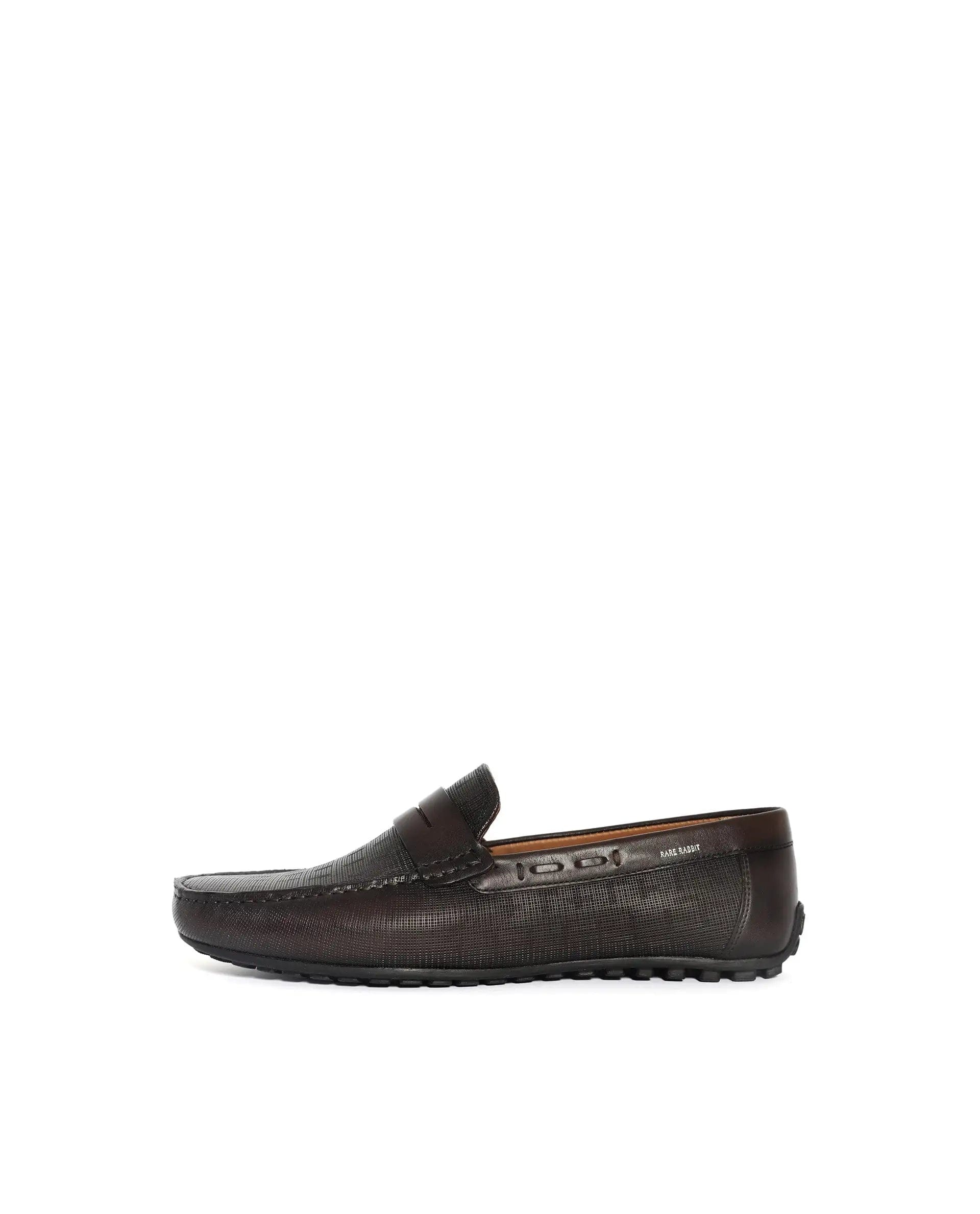 RAREZ Rare Rabbit Men's Saffian Brown Slip - On Textured Genuine Leather Driver Moccasin