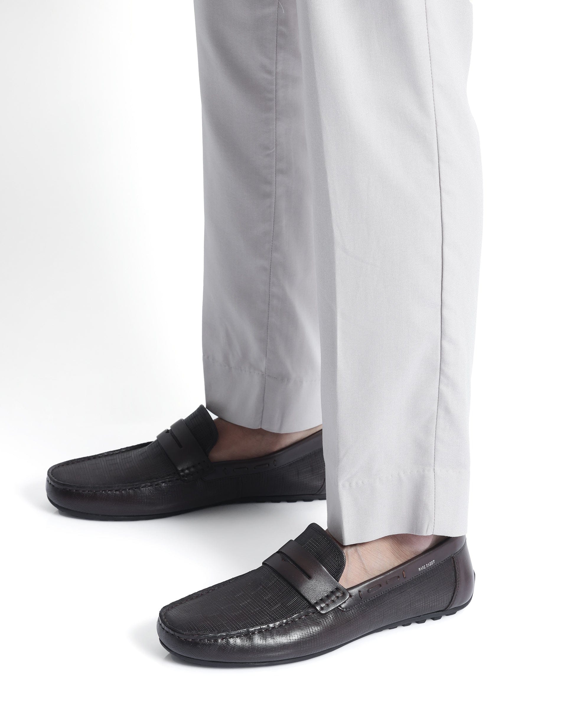 RAREZ Rare Rabbit Men's Saffian Brown Slip - On Textured Genuine Leather Driver Moccasin