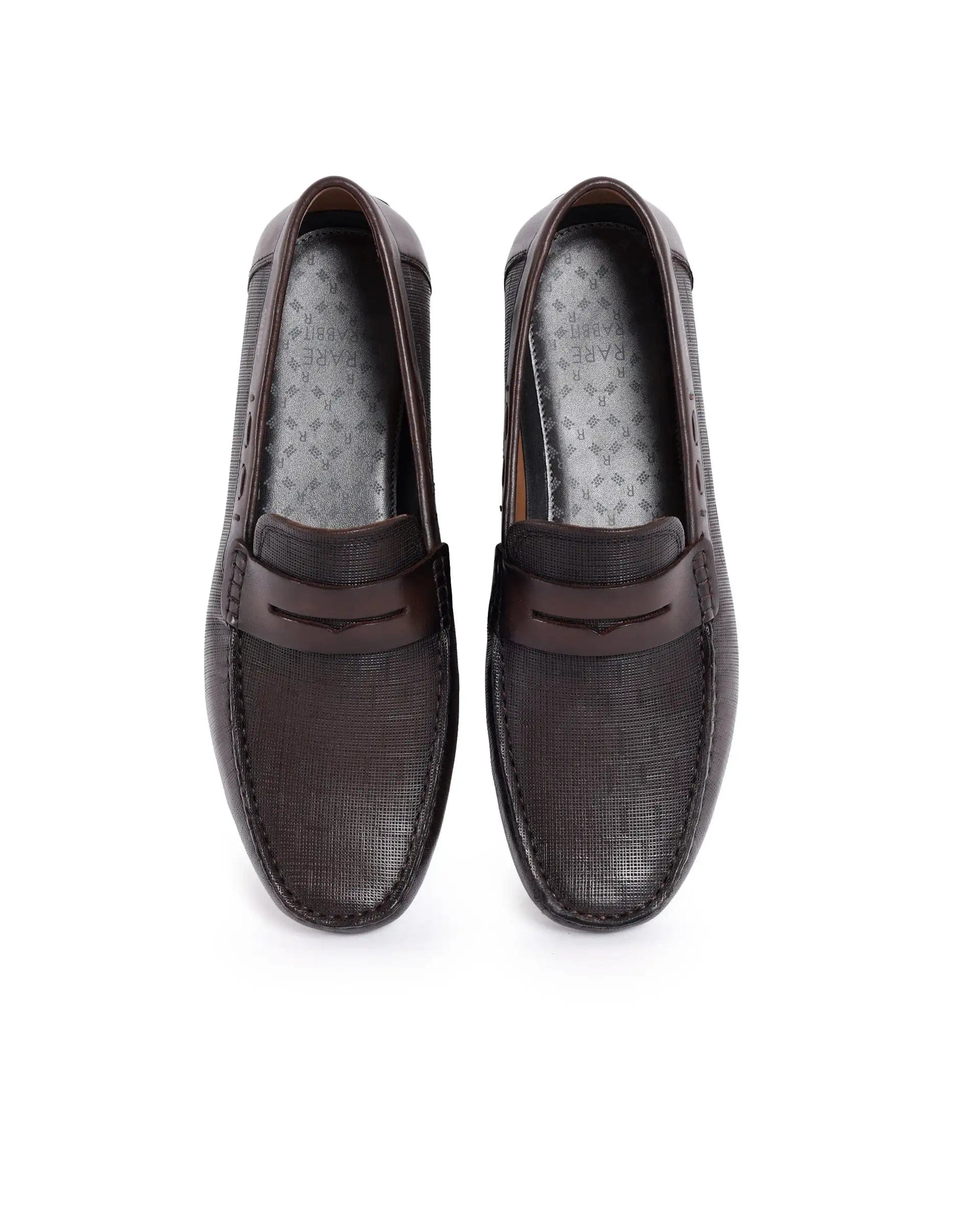 RAREZ Rare Rabbit Men's Saffian Brown Slip - On Textured Genuine Leather Driver Moccasin